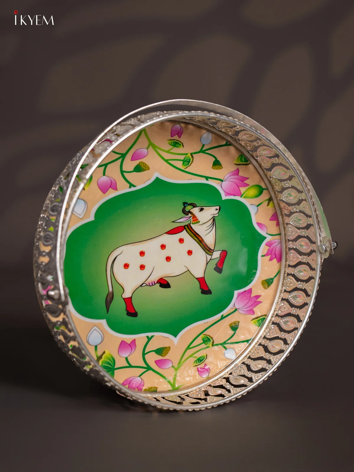 Cow Digital Printed German Silver Tray With Handle - Green - 8 Inch - KJ31201 - Image 3