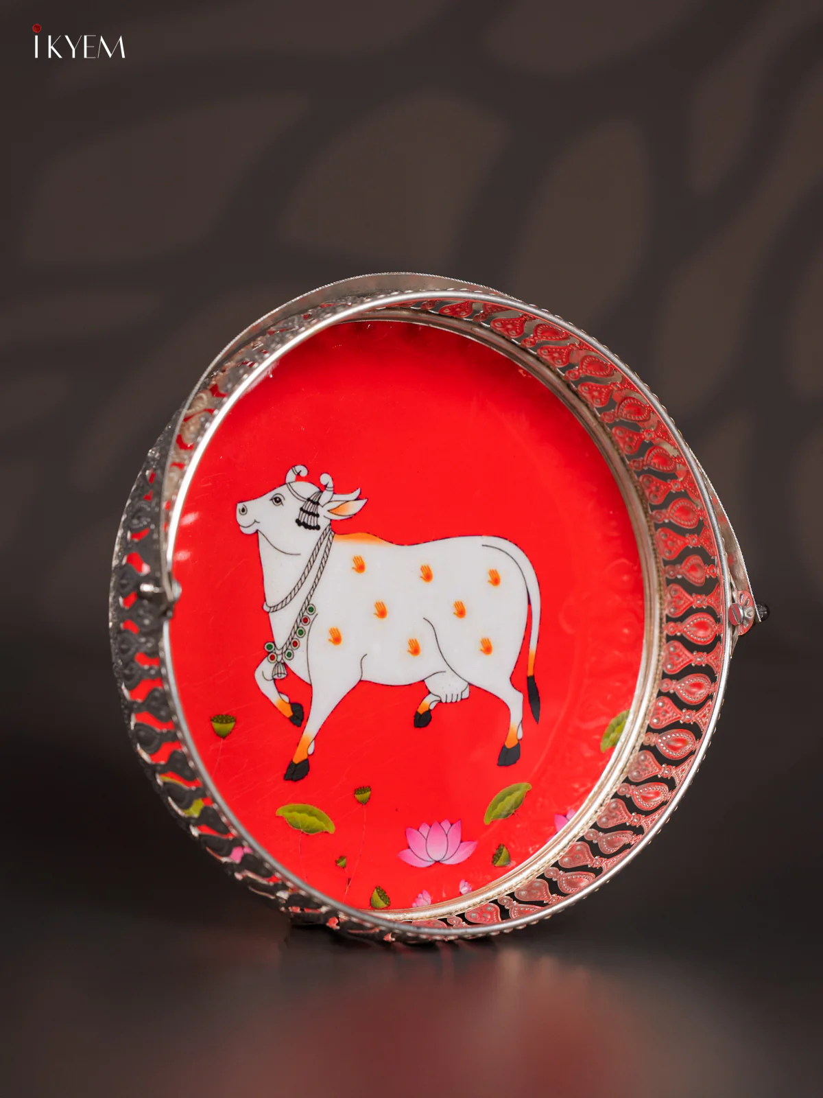 Cow Digital Printed German Silver Tray With Handle - Red - 8 Inch - KJ31204 - Image 3