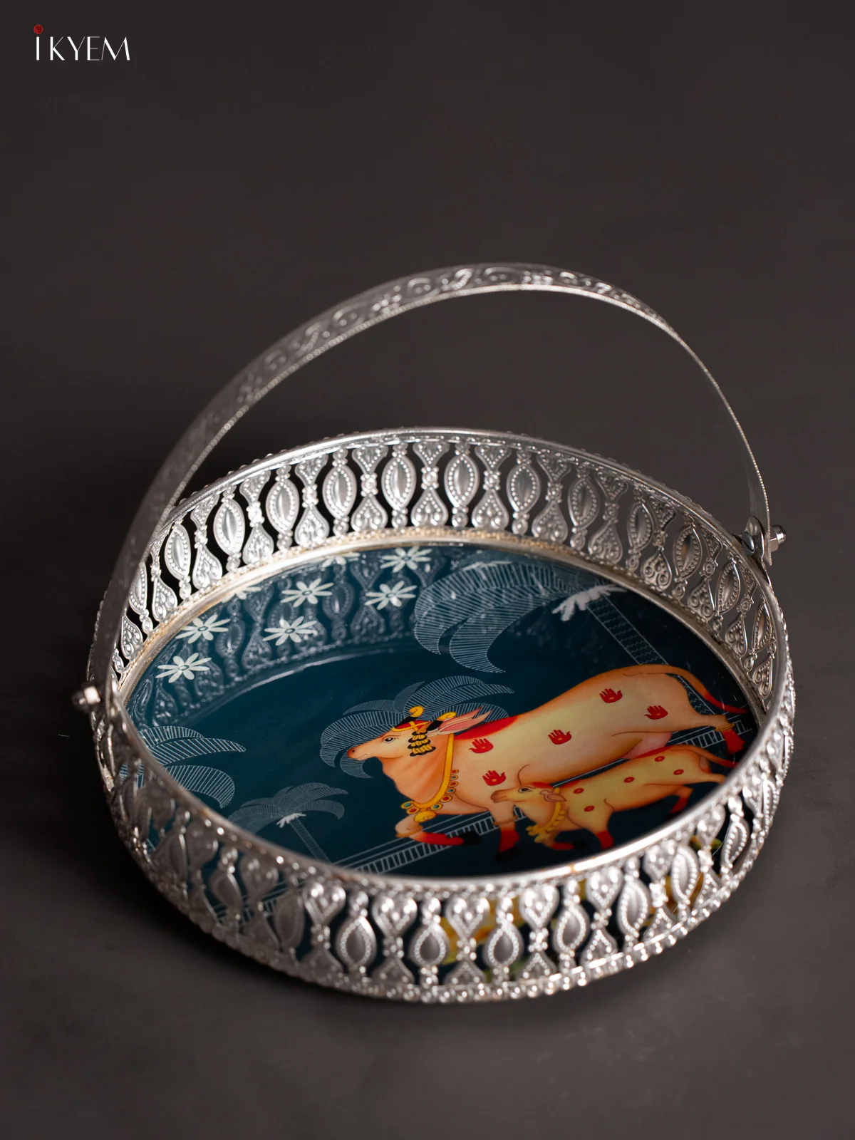 Cow&calf Digital Printed German Silver Tray With Handle - Dark blue - 8 Inch - KJ31205
