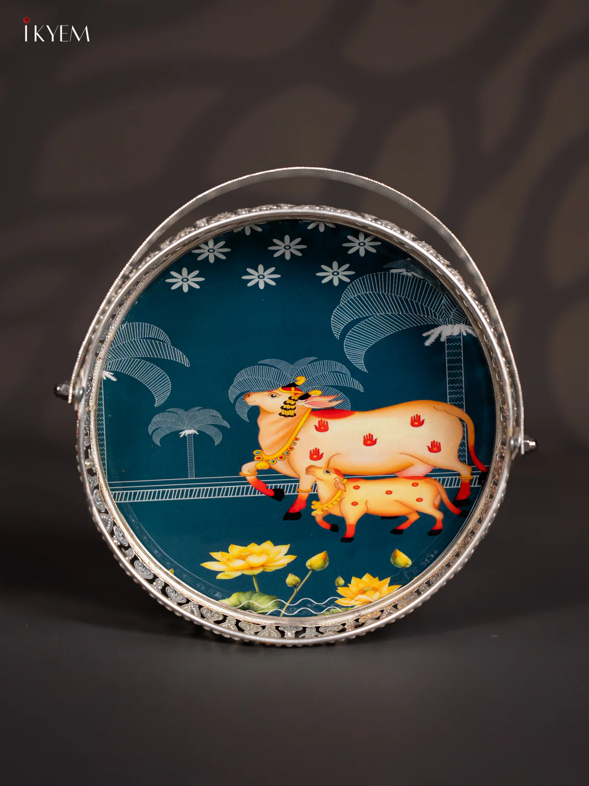 Cow&calf Digital Printed German Silver Tray With Handle - Dark blue - 8 Inch - KJ31205 - Image 2