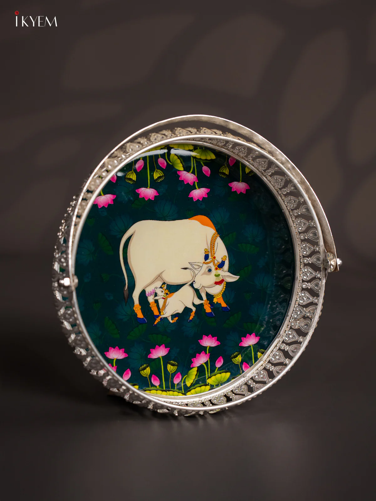Cow Digital Printed German Silver Tray With Handle  - Dark Green - 8 Inch - KJ31206 - Image 3