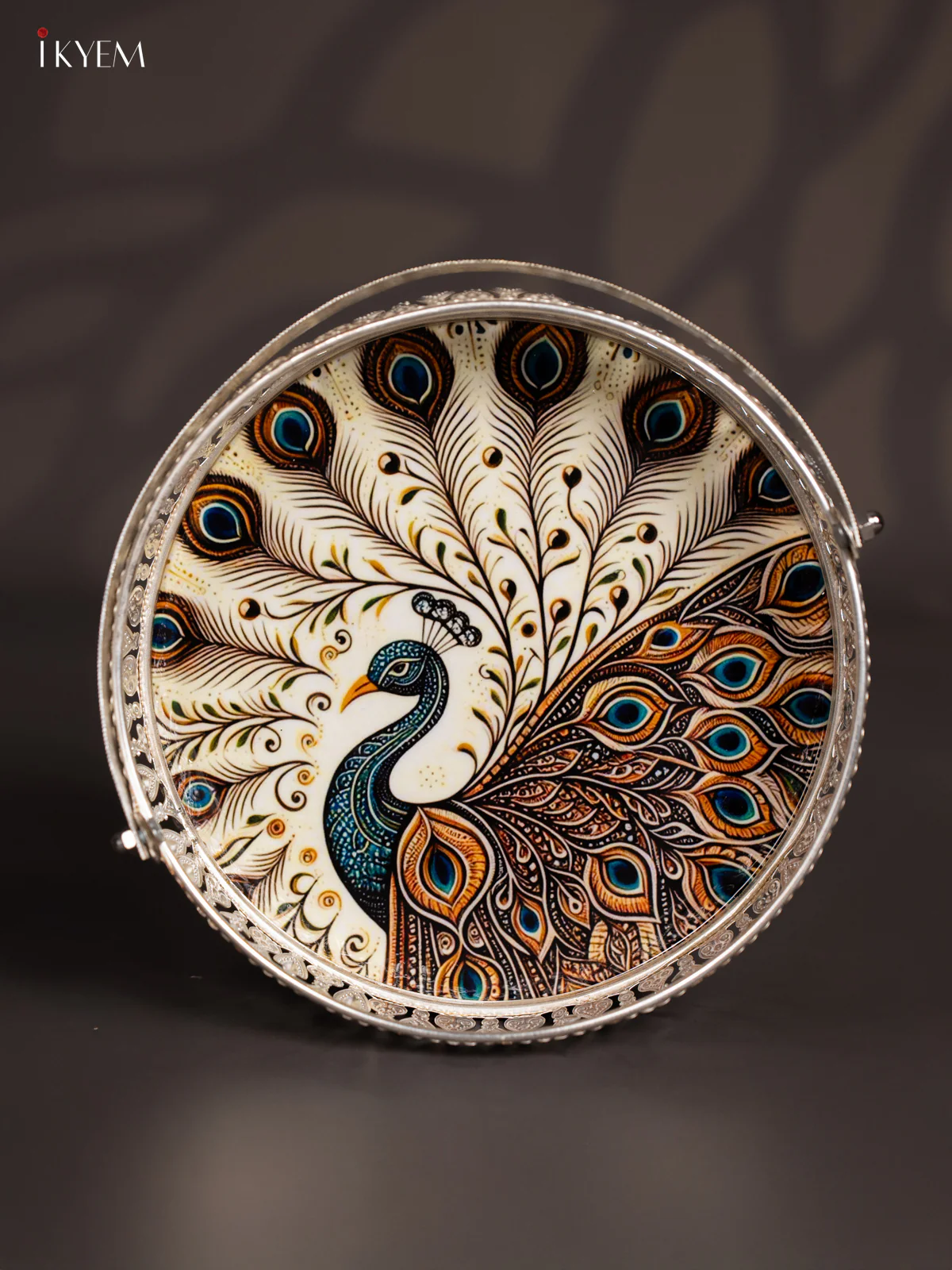 Peacock Digital Printed German Silver Tray With Handle - white - 8 Inch - KJ31207 - Image 2