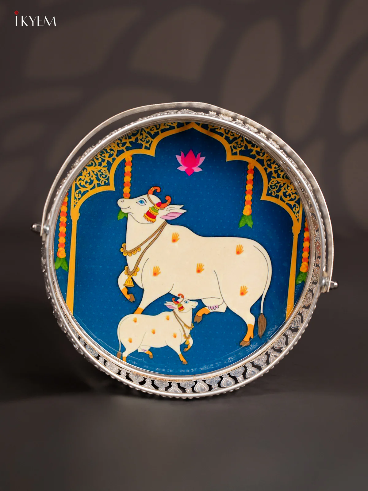 Cow&calf Digital Printed German Silver Tray With Handle - Blue - 8 Inch - KJ31209 - Image 2