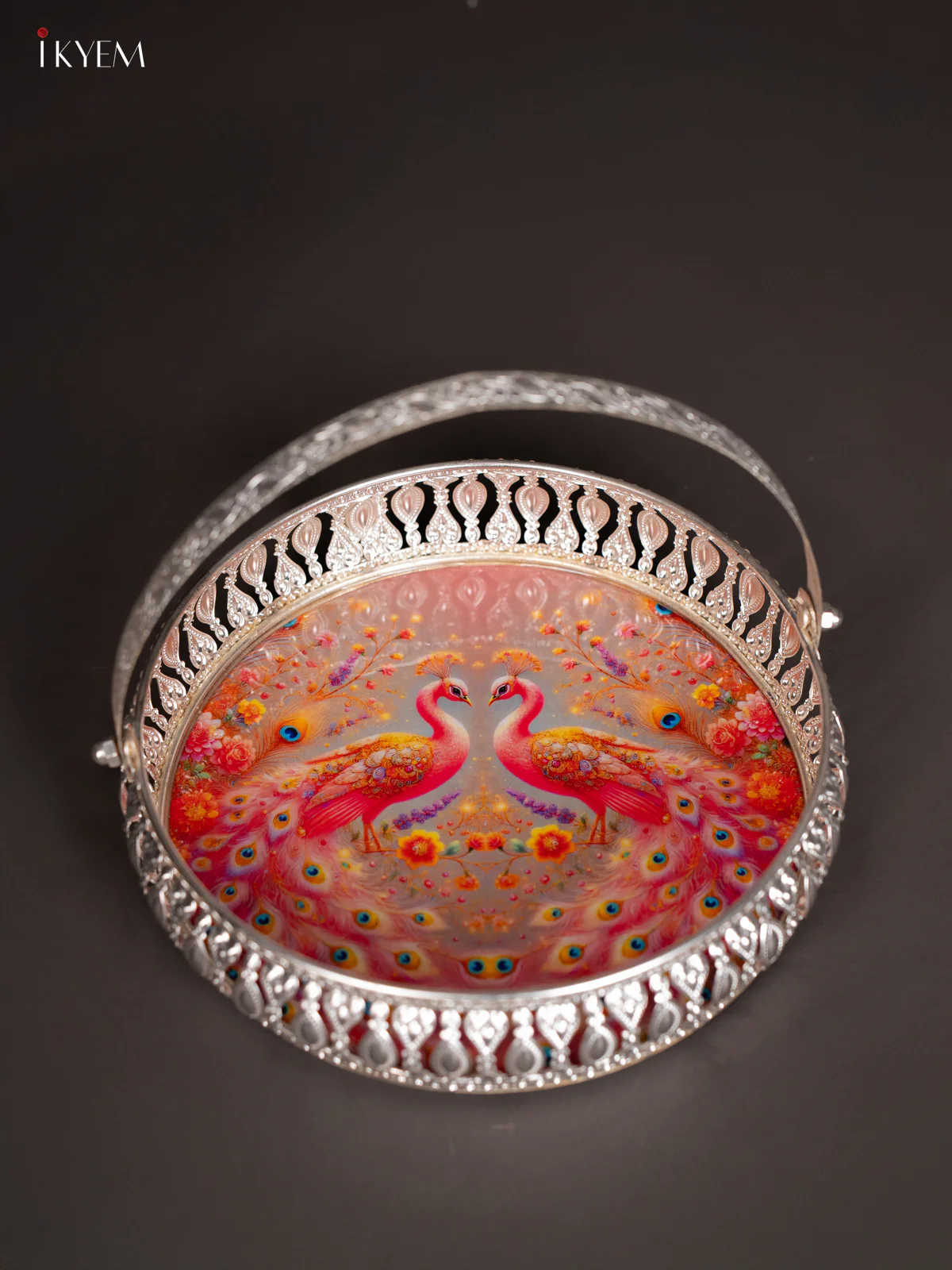 Digital Printed German Silver Tray With Handle  - Peacock - 8 Inch - KJ31210