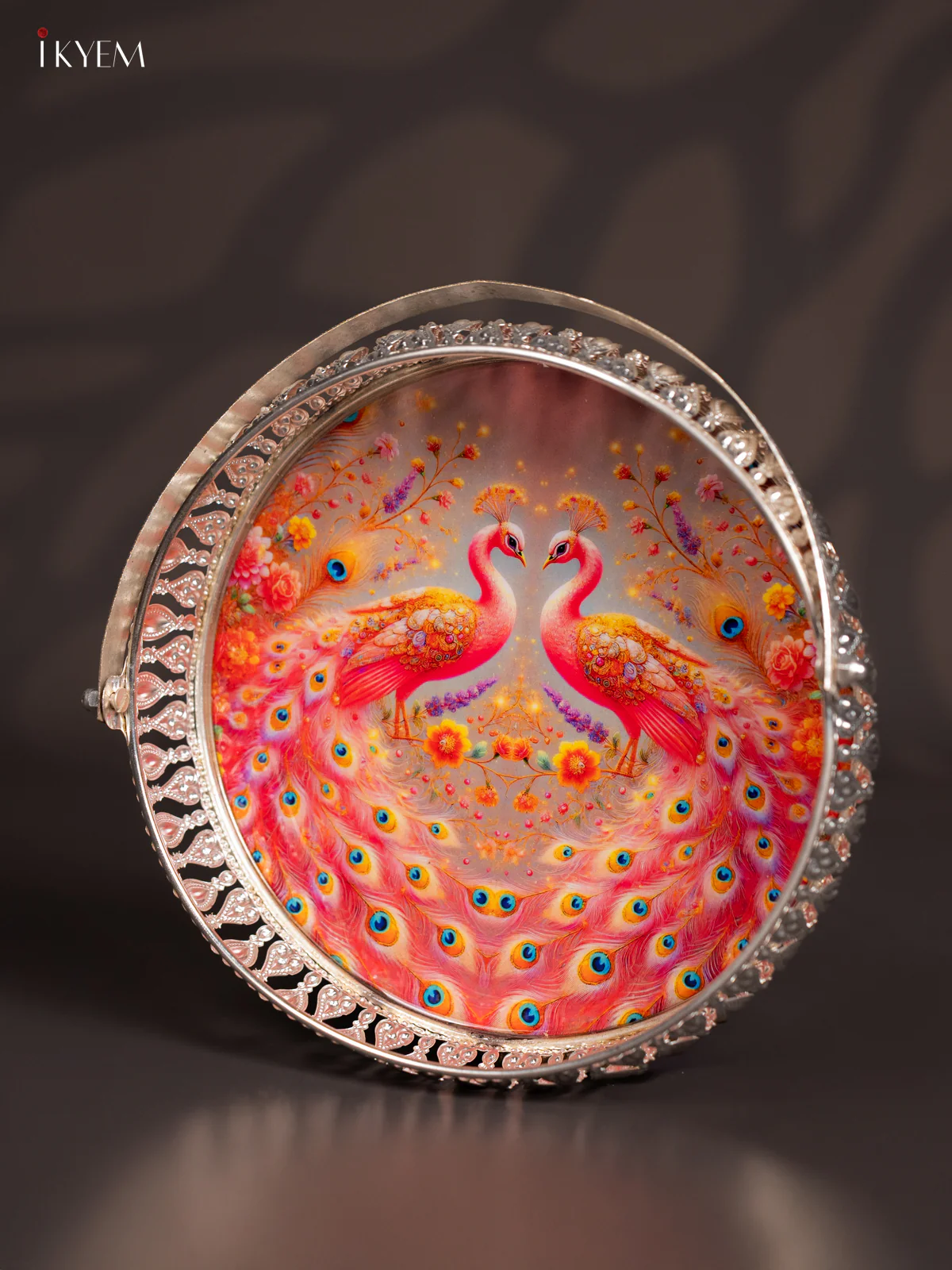 Digital Printed German Silver Tray With Handle  - Peacock - 8 Inch - KJ31210 - Image 3