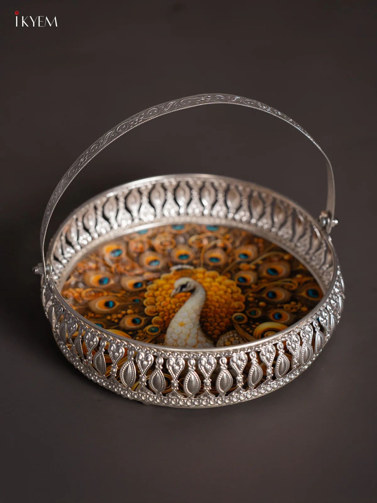 Golden Peacock Digital Printed German Silver Tray With Handle  - 8 Inch - KJ31211