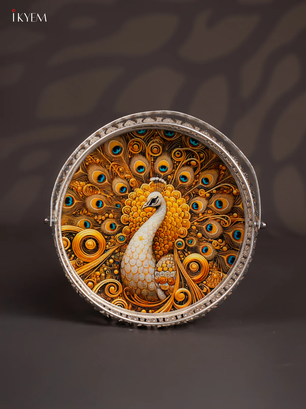 Golden Peacock Digital Printed German Silver Tray With Handle  - 8 Inch - KJ31211 - Image 2