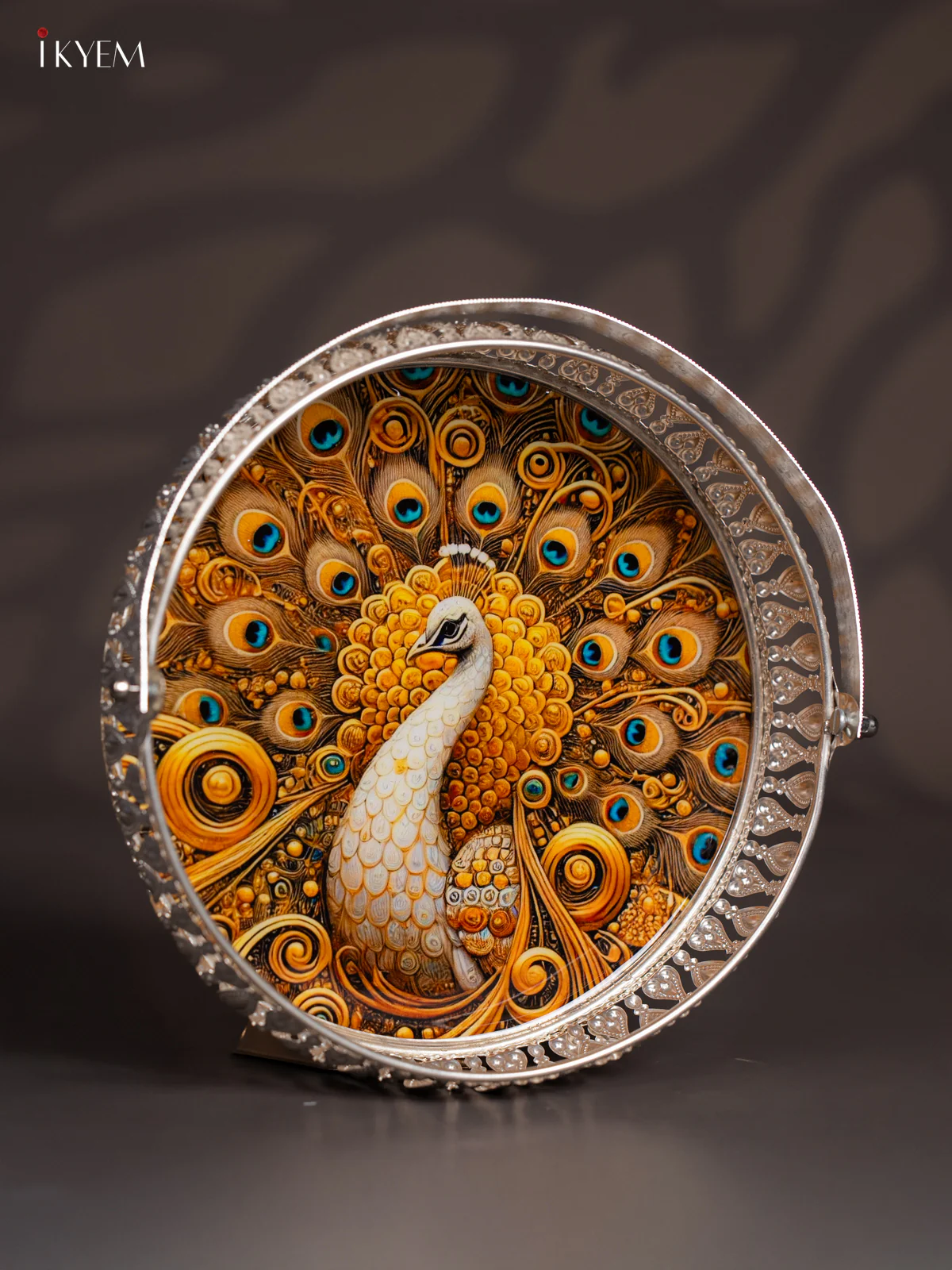 Golden Peacock Digital Printed German Silver Tray With Handle  - 8 Inch - KJ31211 - Image 3