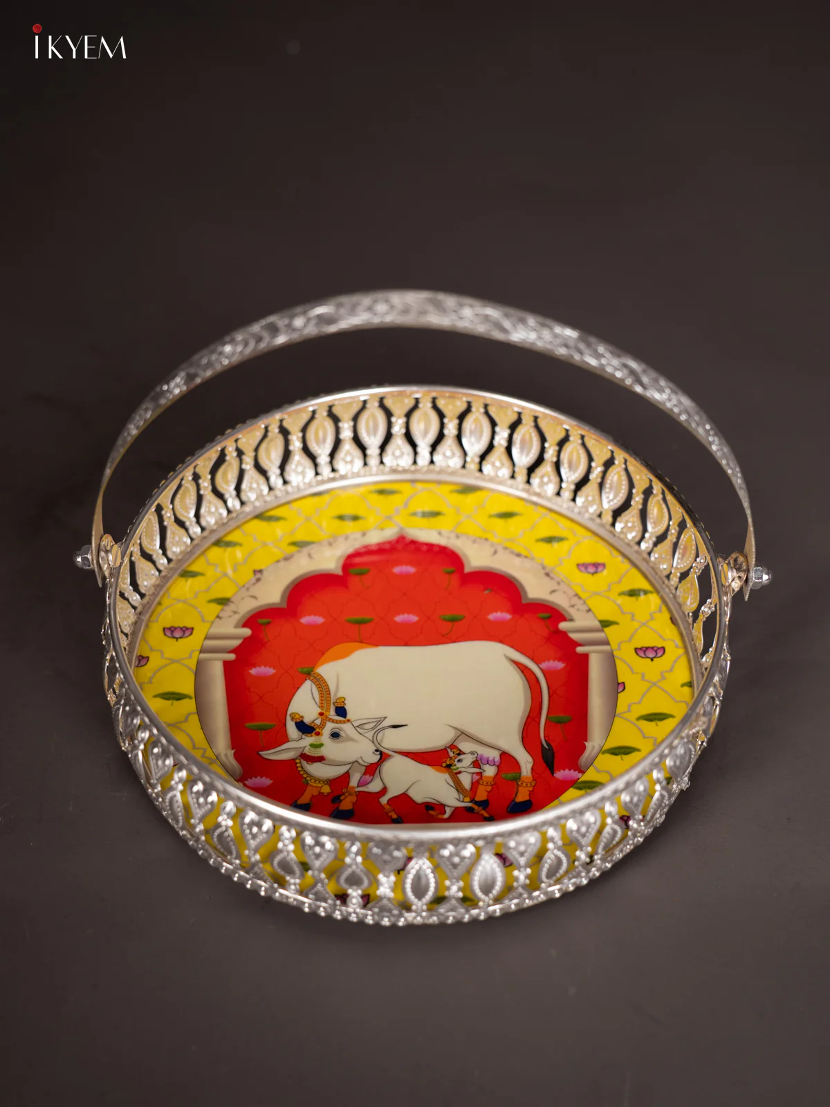 Cow & Calf Digital Printed German Silver Tray With Handle - Yellow - 8 Inch - KJ31214