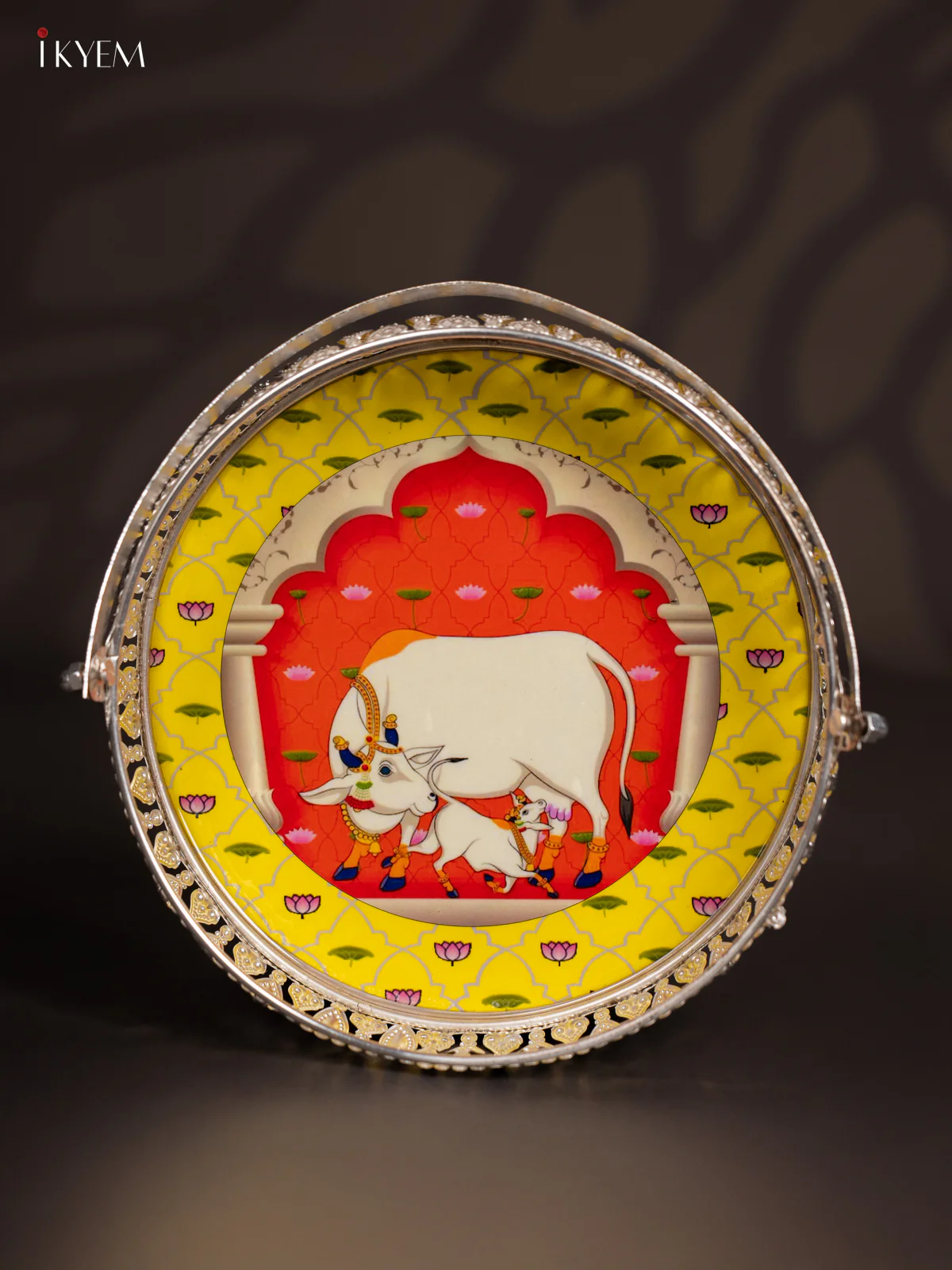 Cow & Calf Digital Printed German Silver Tray With Handle - Yellow - 8 Inch - KJ31214 - Image 2