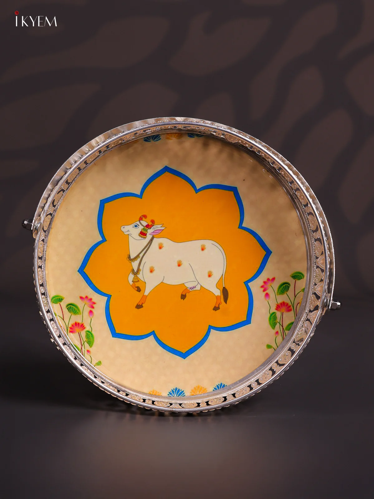Cow Digital Printed German Silver Tray With Handle - Yellow - 8 Inch - KJ31218 - Image 2