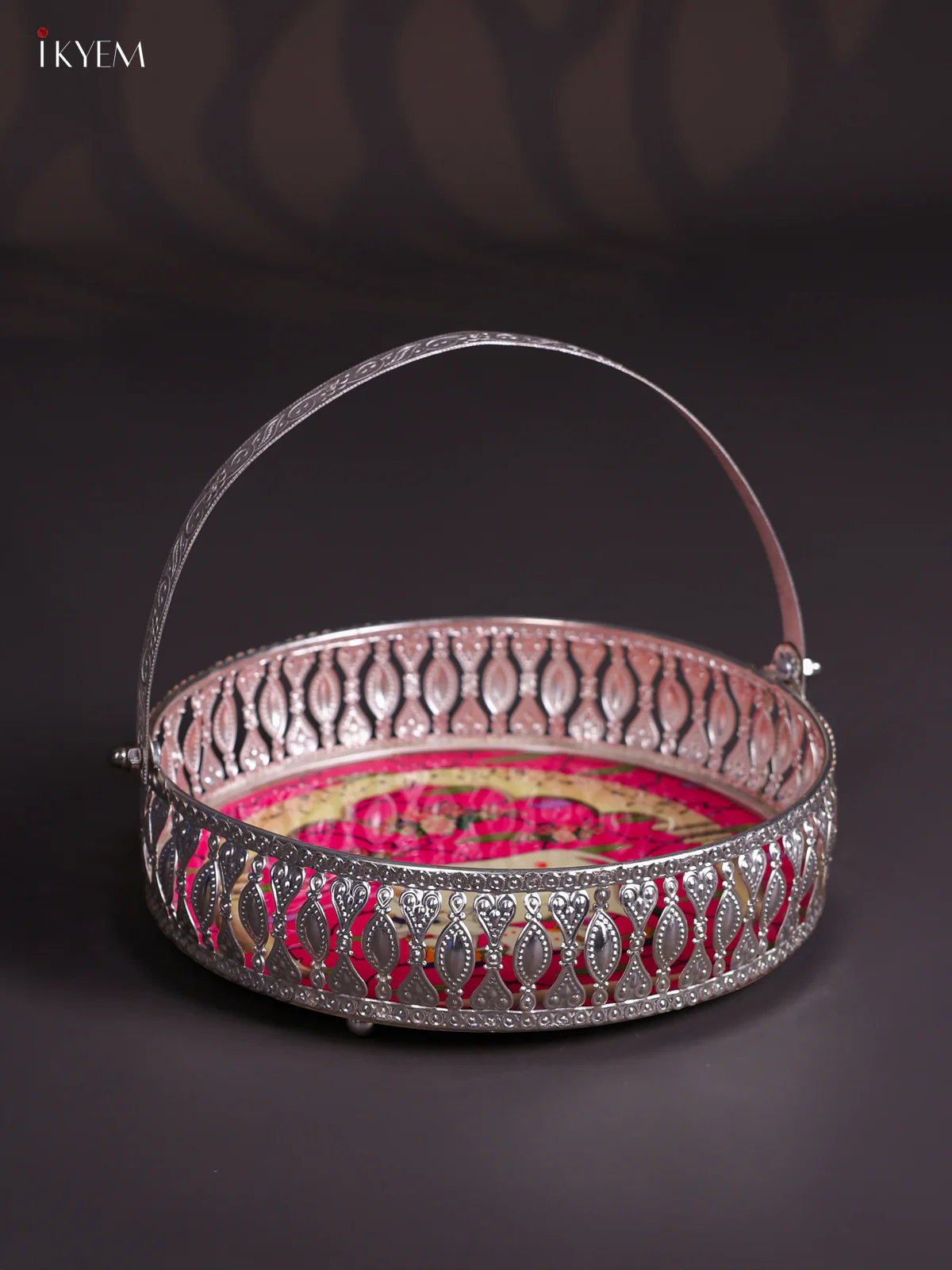 Cow & Calf Digital Printed German Silver Tray With Handle - Pink - 8 Inch - KJ31219