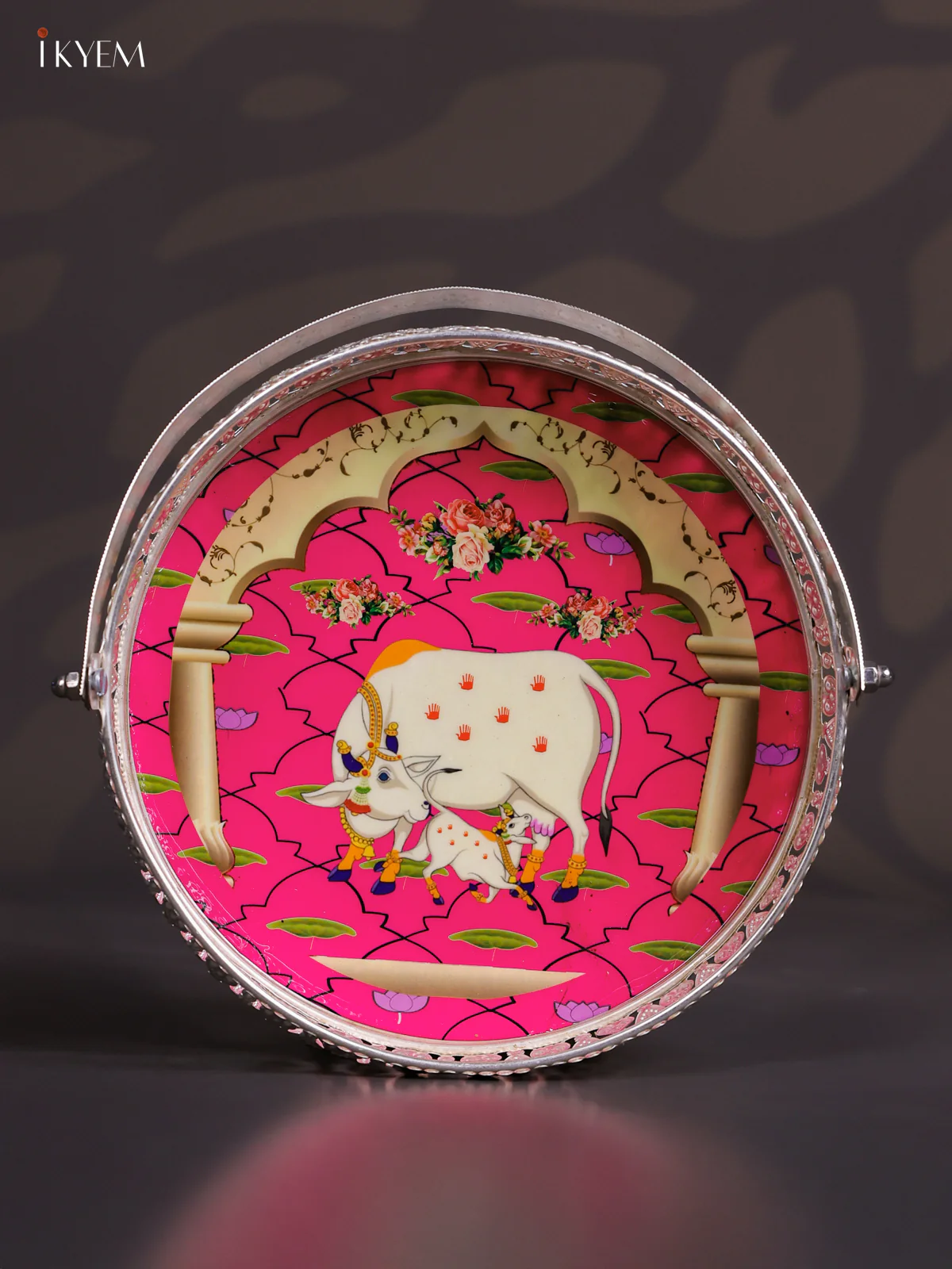 Cow & Calf Digital Printed German Silver Tray With Handle - Pink - 8 Inch - KJ31219 - Image 2