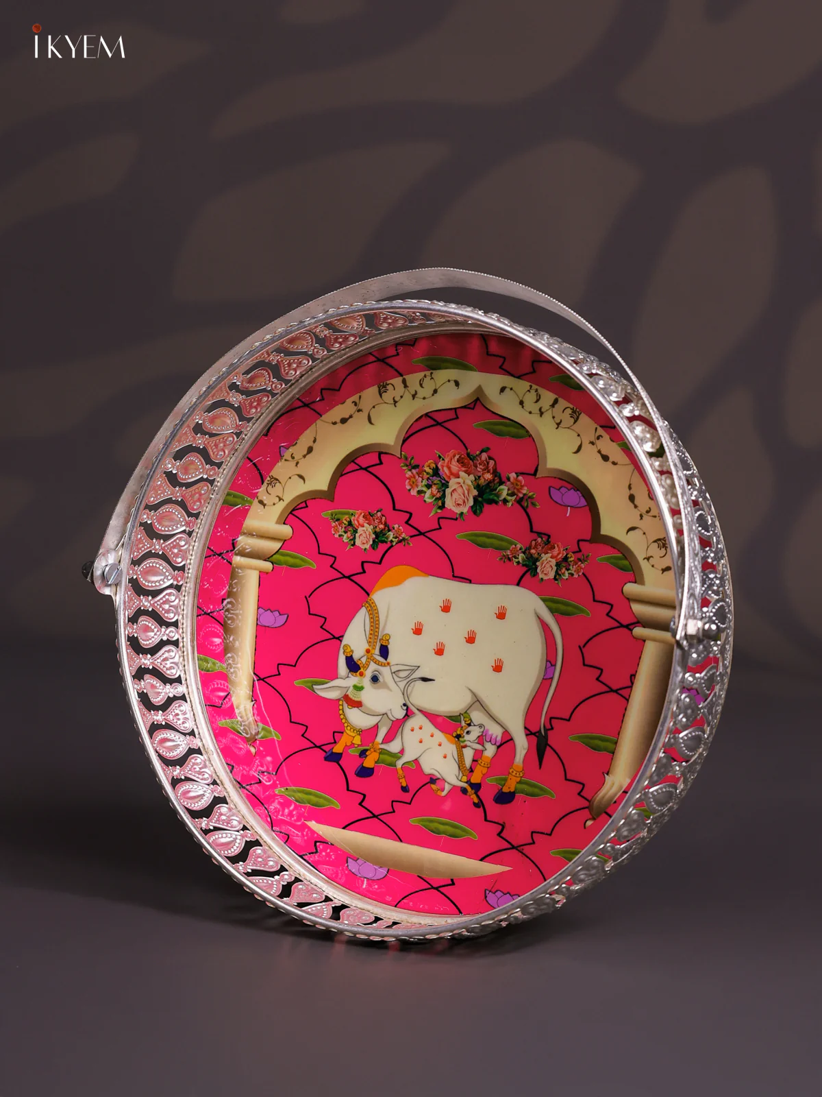 Cow & Calf Digital Printed German Silver Tray With Handle - Pink - 8 Inch - KJ31219 - Image 3