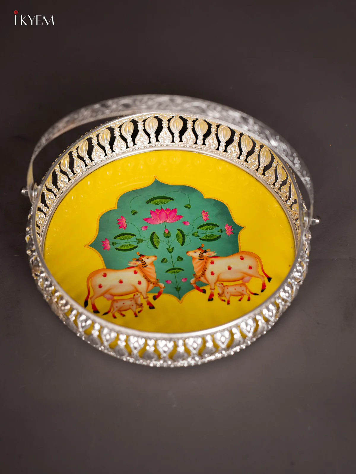 Cow & Calf Digital Printed German Silver Tray With Handle  - Yellow -  8 Inch -  KJ31220