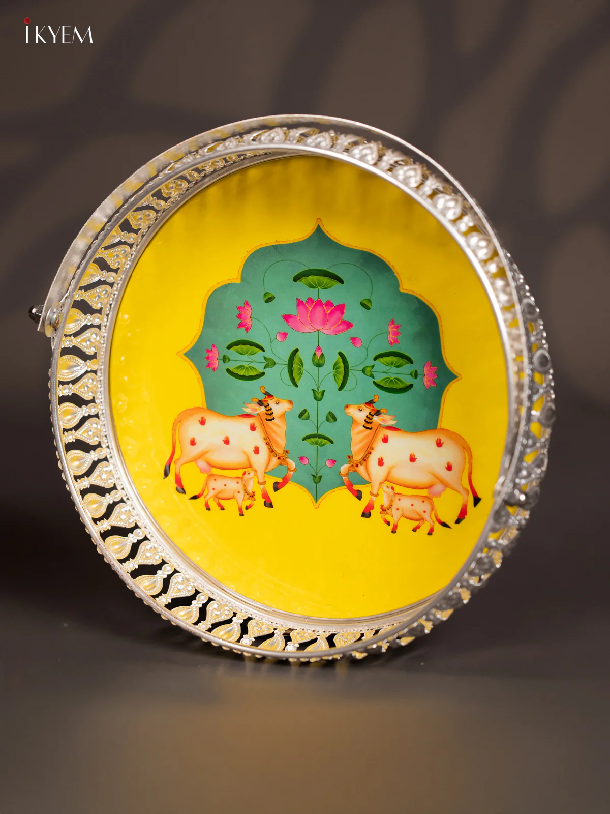 Cow & Calf Digital Printed German Silver Tray With Handle  - Yellow -  8 Inch -  KJ31220 - Image 3