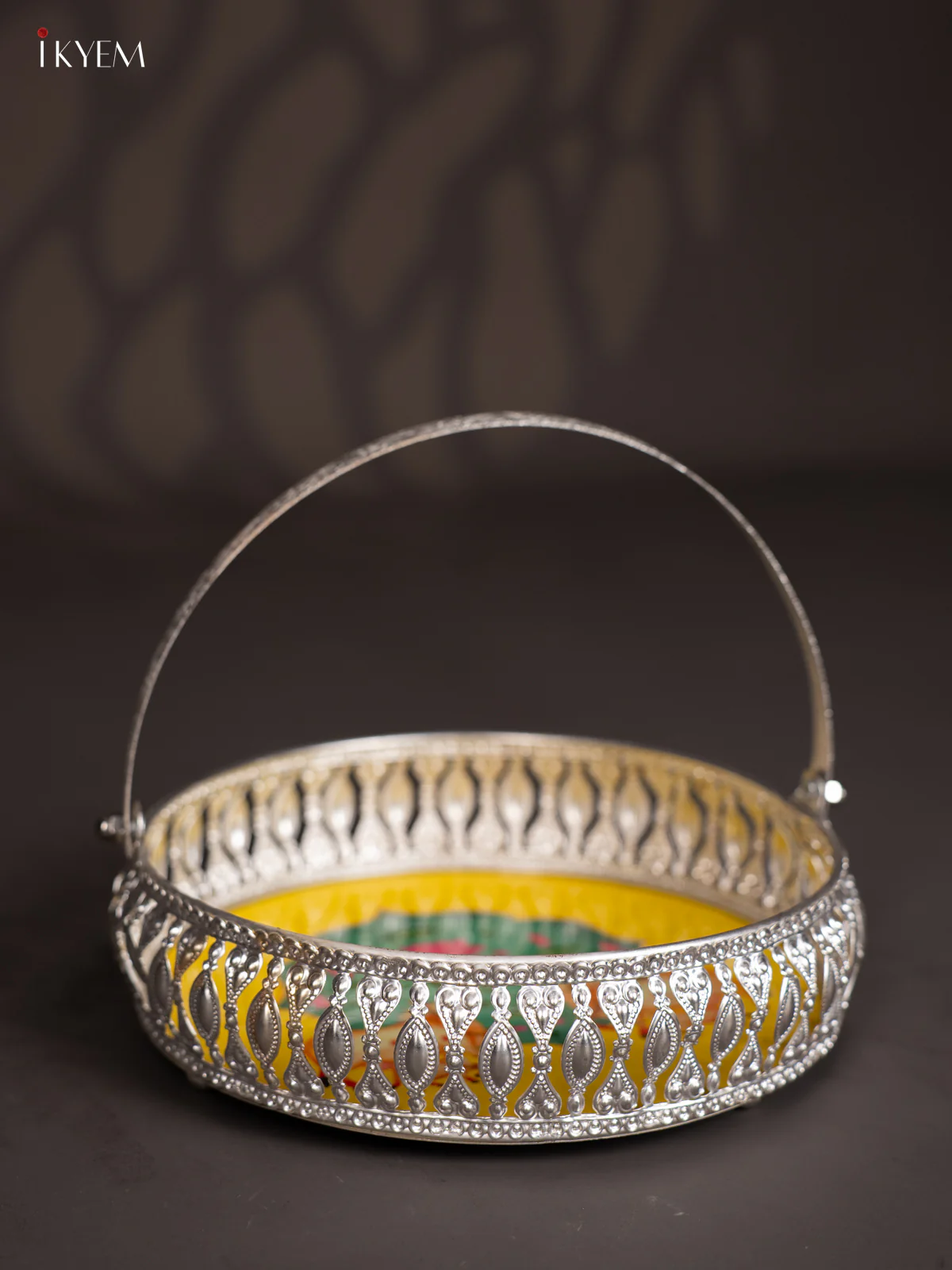 Cow & Calf Digital Printed German Silver Tray With Handle  - Yellow -  8 Inch -  KJ31220 - Image 4