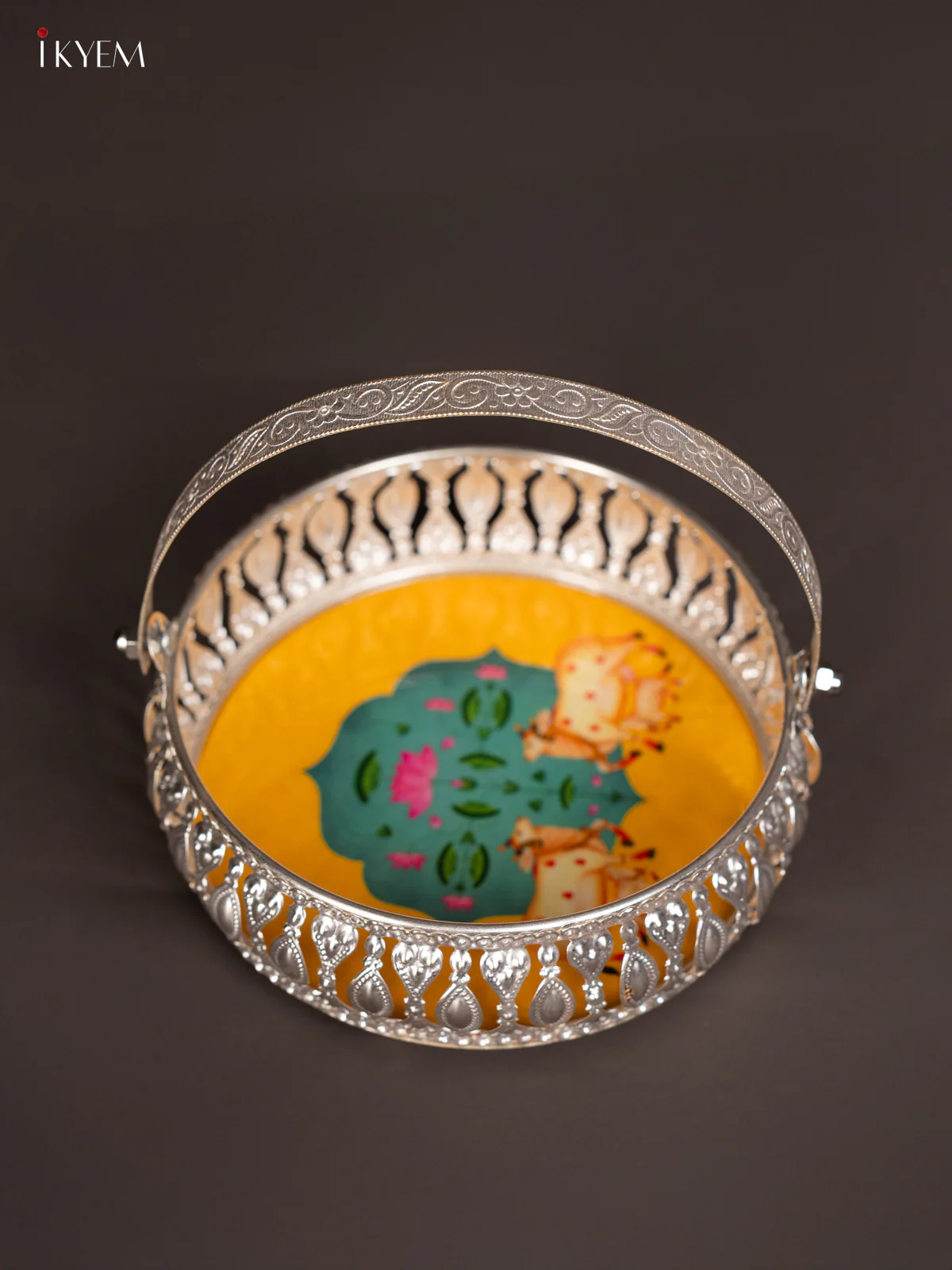 Dual Cow & Calf Digital Printed German Silver Tray With Handle  - Yellow - 6 Inch - KJ31222