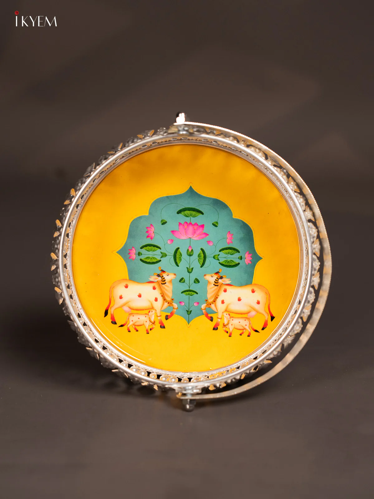 Dual Cow & Calf Digital Printed German Silver Tray With Handle  - Yellow - 6 Inch - KJ31222 - Image 2