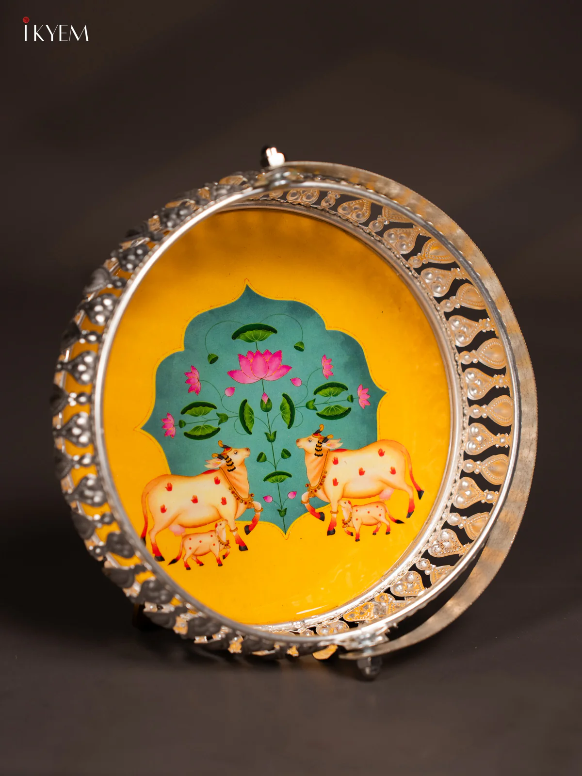 Dual Cow & Calf Digital Printed German Silver Tray With Handle  - Yellow - 6 Inch - KJ31222 - Image 3