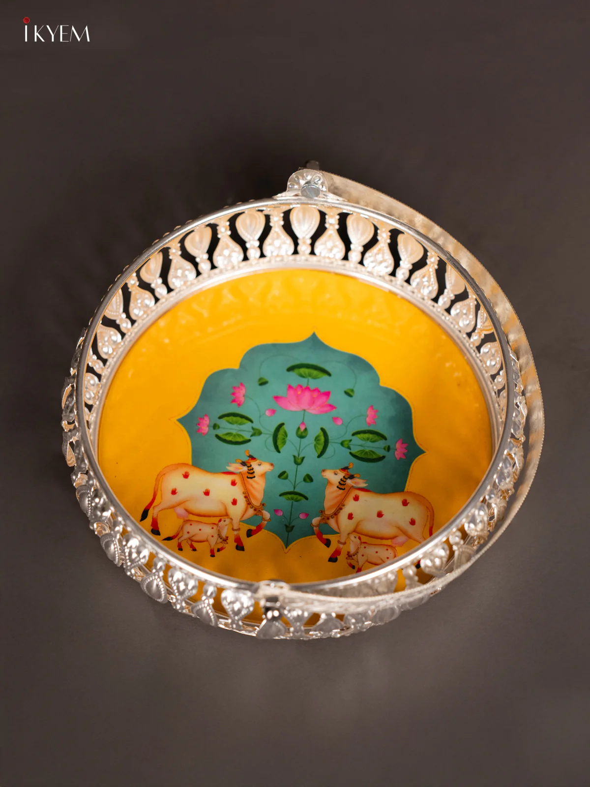 Dual Cow & Calf Digital Printed German Silver Tray With Handle  - Yellow - 6 Inch - KJ31222 - Image 4