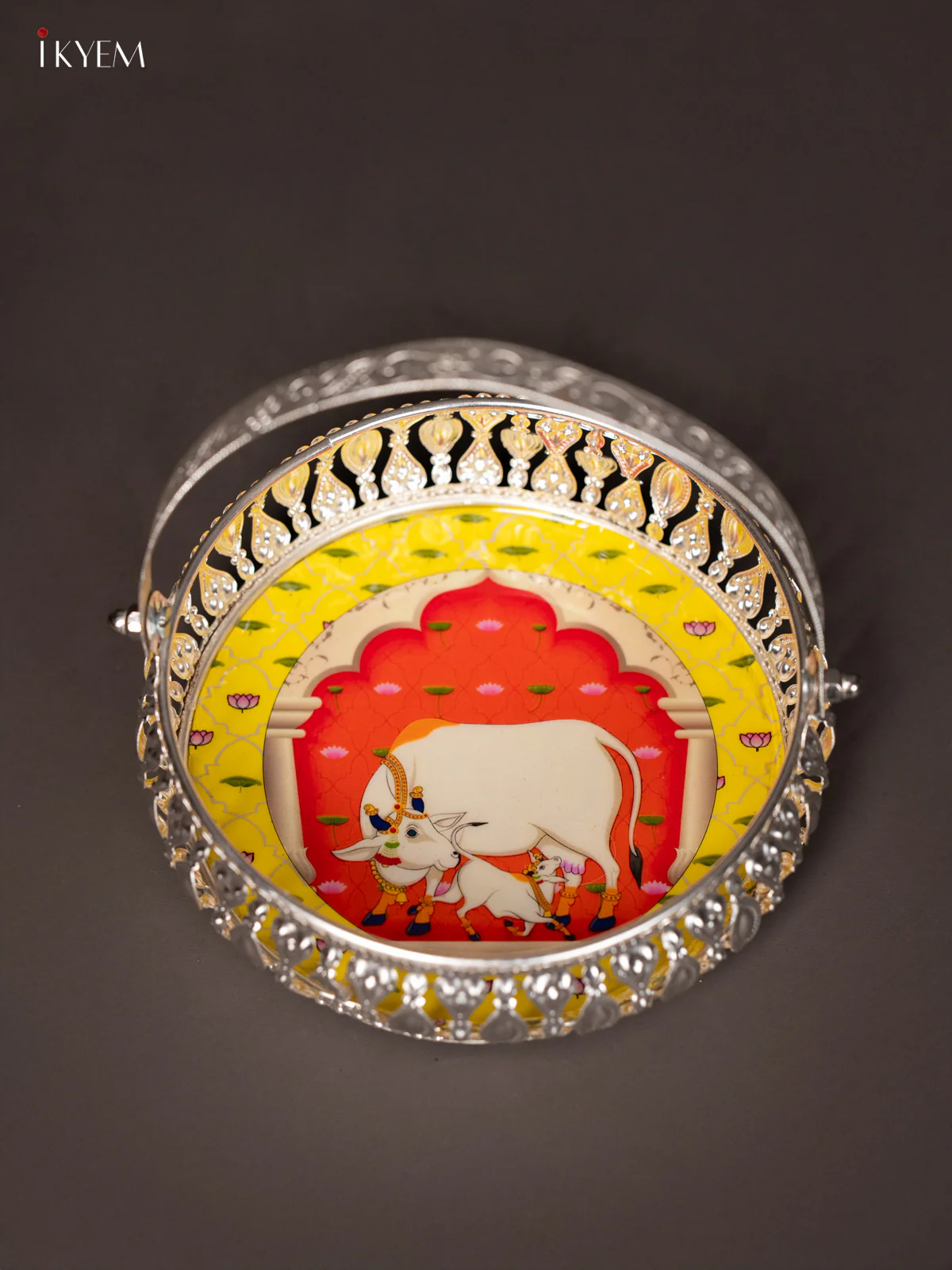 Cow & Calf Digital Printed German Silver Tray With Handle  - Yellow - 6 Inch - KJ31228