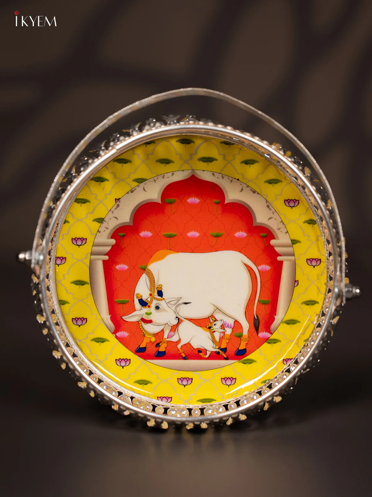 Cow & Calf Digital Printed German Silver Tray With Handle  - Yellow - 6 Inch - KJ31228 - Image 2