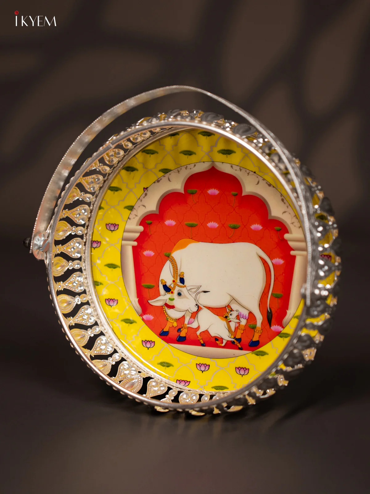 Cow & Calf Digital Printed German Silver Tray With Handle  - Yellow - 6 Inch - KJ31228 - Image 3