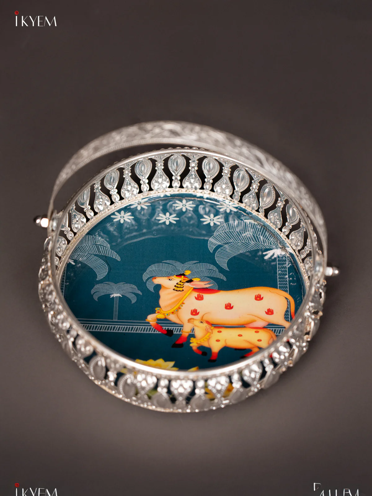 Cow & Calf Digital Printed German Silver Tray With Handle  -  Dark blue - 6 Inch - KJ31230