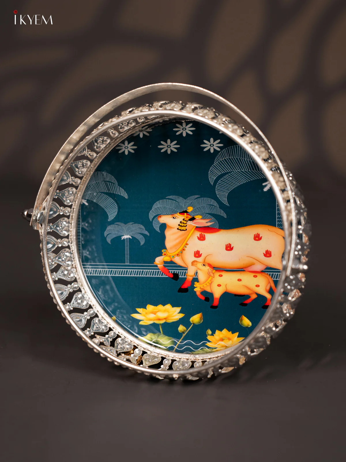 Cow & Calf Digital Printed German Silver Tray With Handle  -  Dark blue - 6 Inch - KJ31230 - Image 3