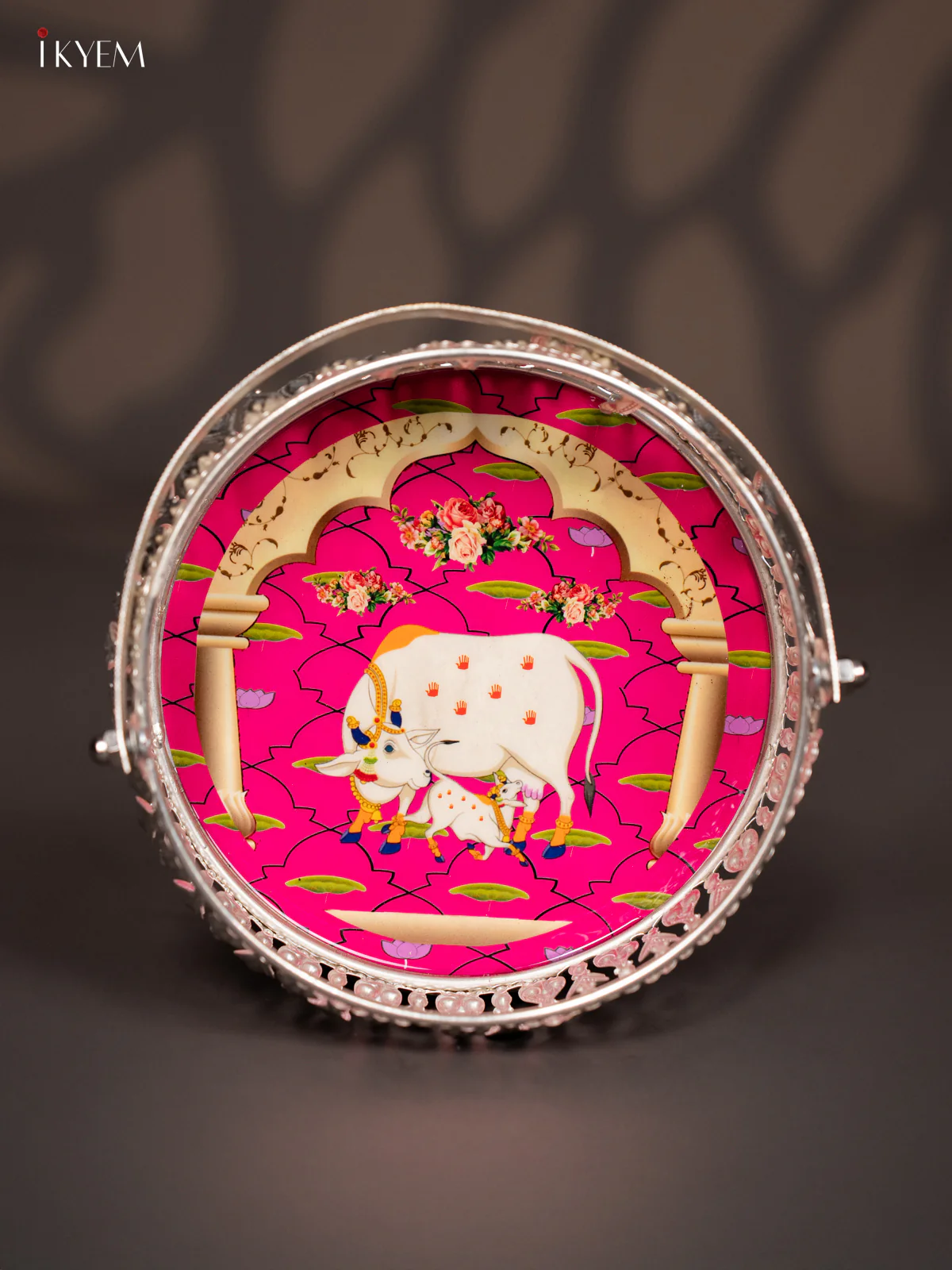Cow & calf Digital Printed German Silver Tray With Handle - Pink - 6 Inch - KJ31232 - Image 2