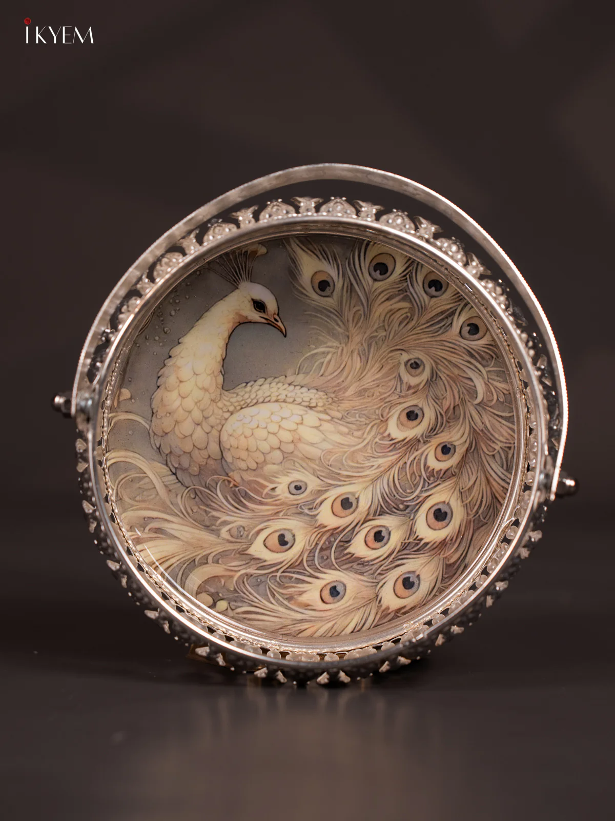 Peacock Digital Printed German Silver Tray With Handle - 6 inch - KJ31236 - Image 2