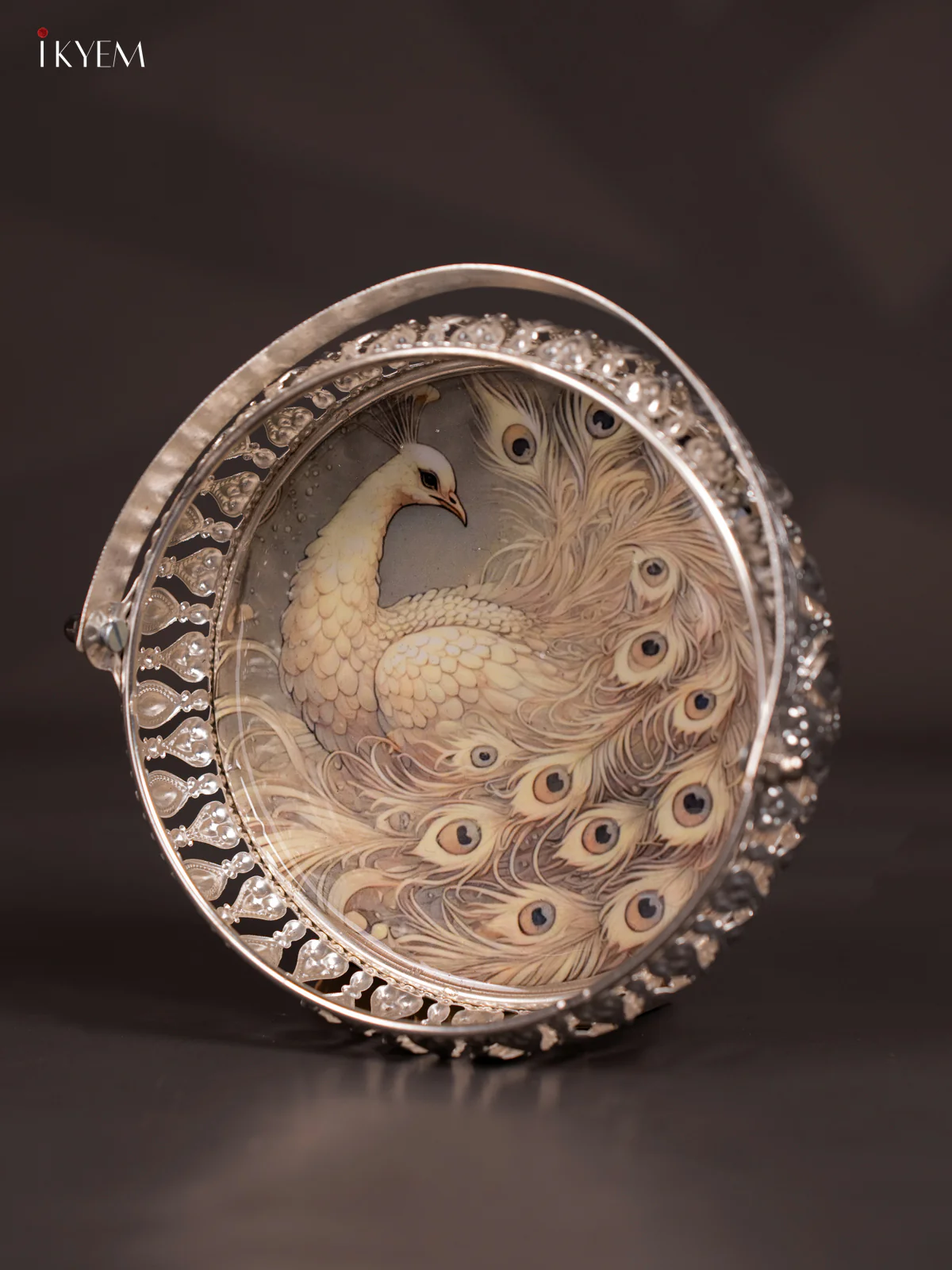 Peacock Digital Printed German Silver Tray With Handle - 6 inch - KJ31236 - Image 3