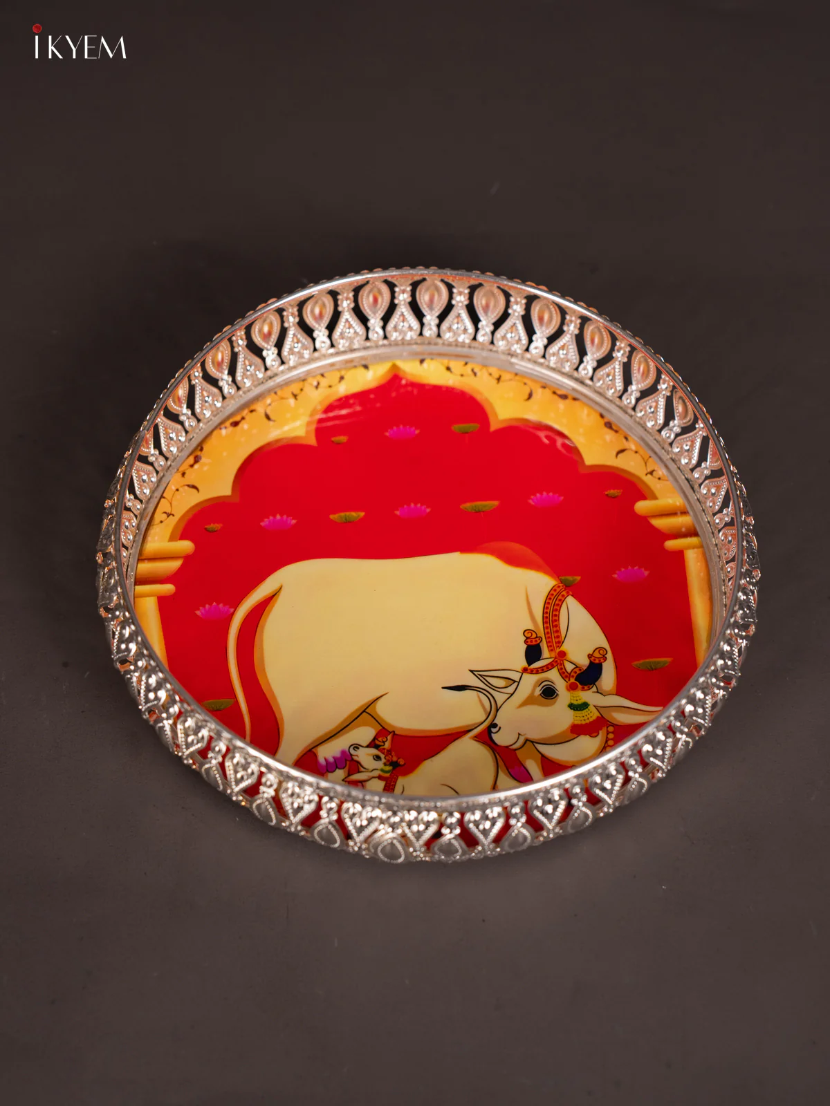 Cow & calf Digital Printed German Silver Tray - Orange - 8 Inch - KJ31240 - Image 4