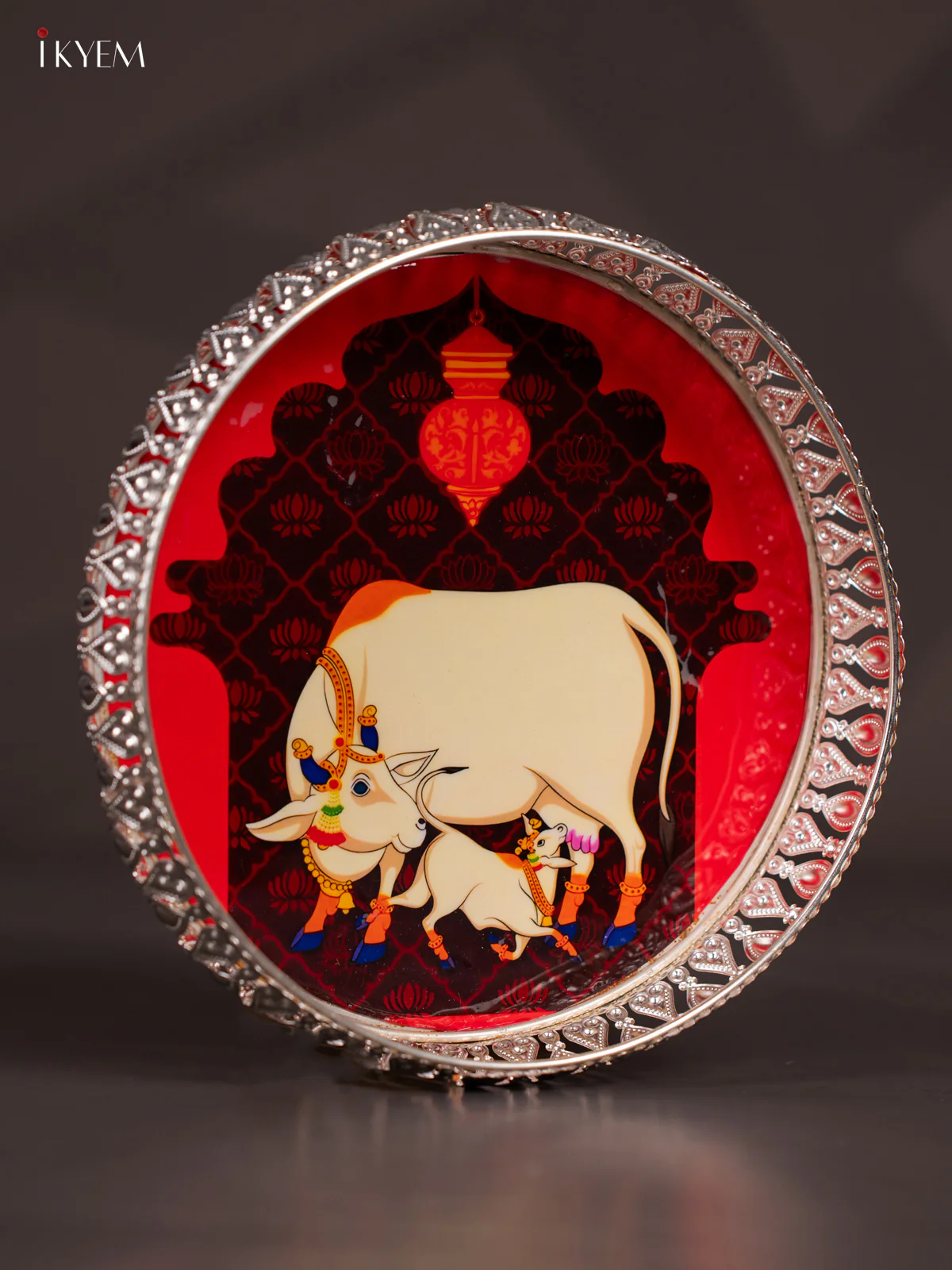Cow & calf Digital Printed German Silver Tray - Orange - 8 Inch - KJ31241 - Image 2