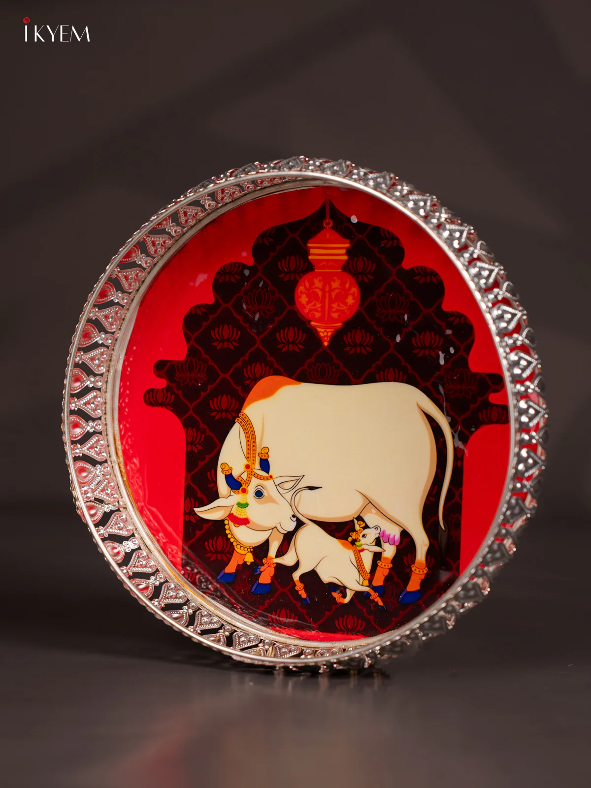 Cow & calf Digital Printed German Silver Tray - Orange - 8 Inch - KJ31241 - Image 3
