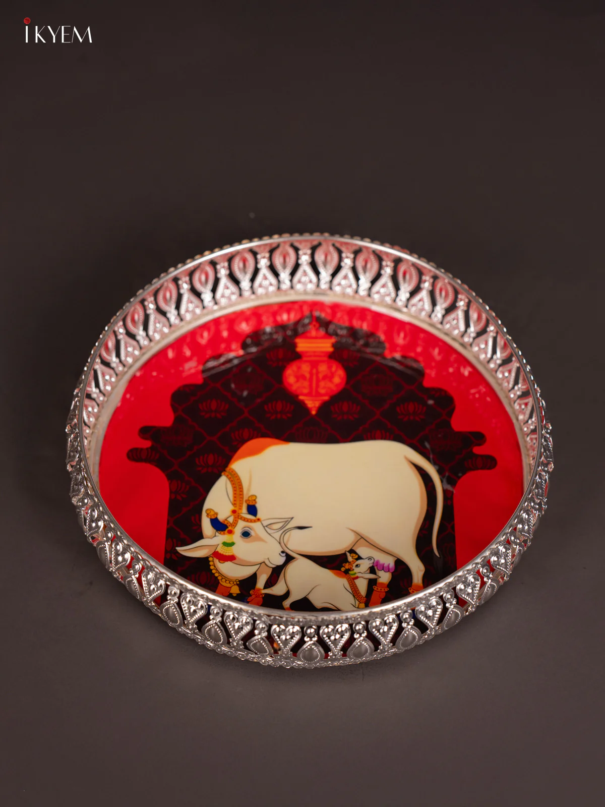 Cow & calf Digital Printed German Silver Tray - Orange - 8 Inch - KJ31241 - Image 4