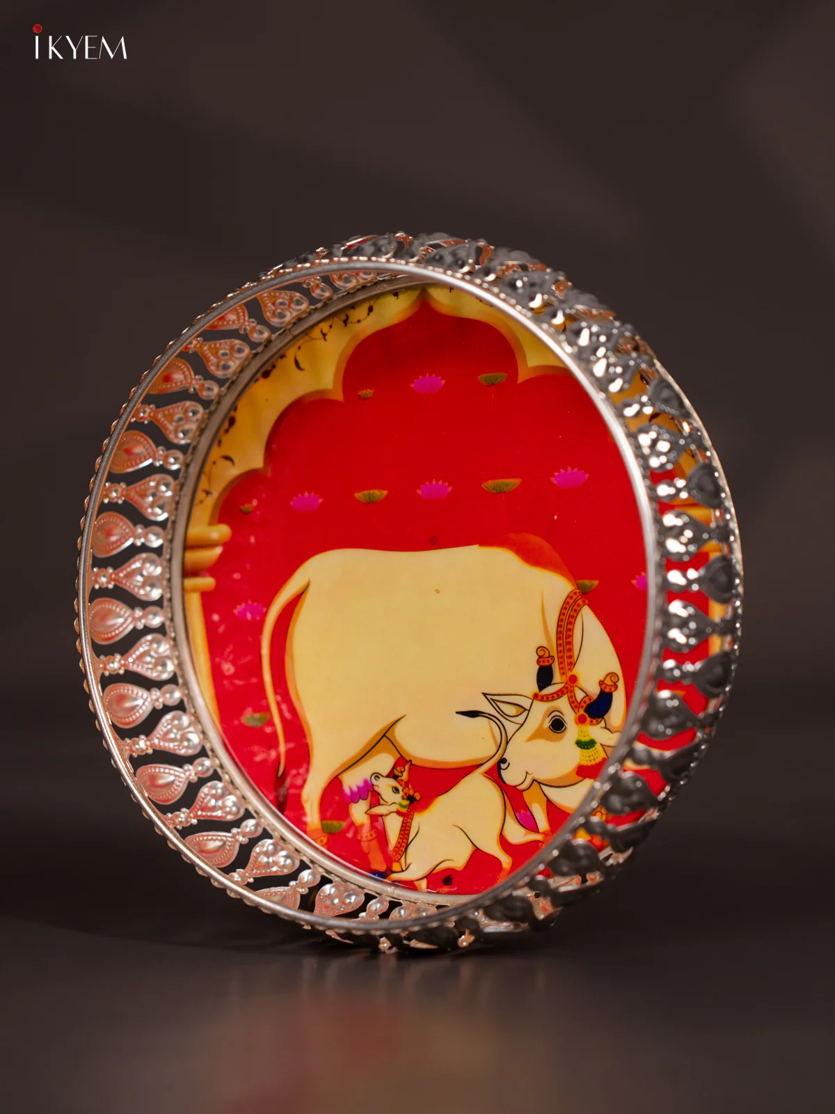 Cow & Calf Digital Printed German Silver Tray - Orange - 6 Inch - KJ31243 - Image 3