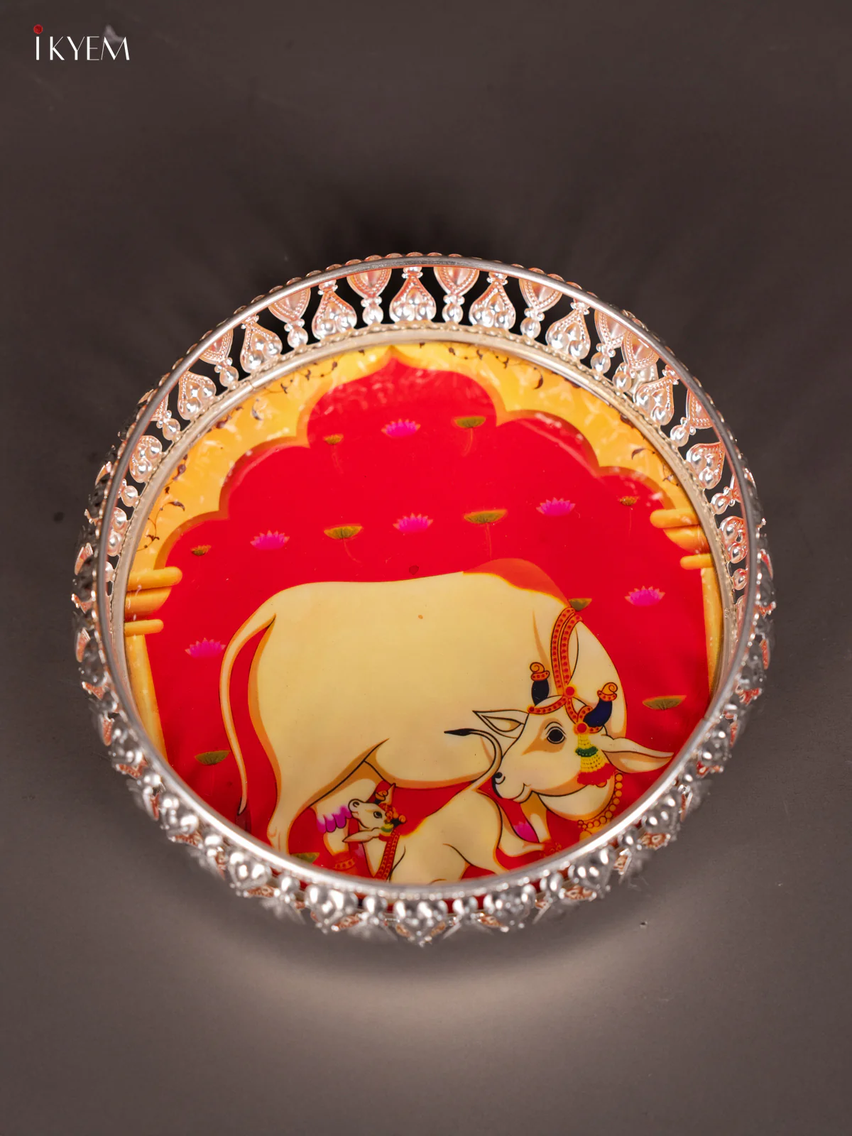 Cow & Calf Digital Printed German Silver Tray - Orange - 6 Inch - KJ31243 - Image 4