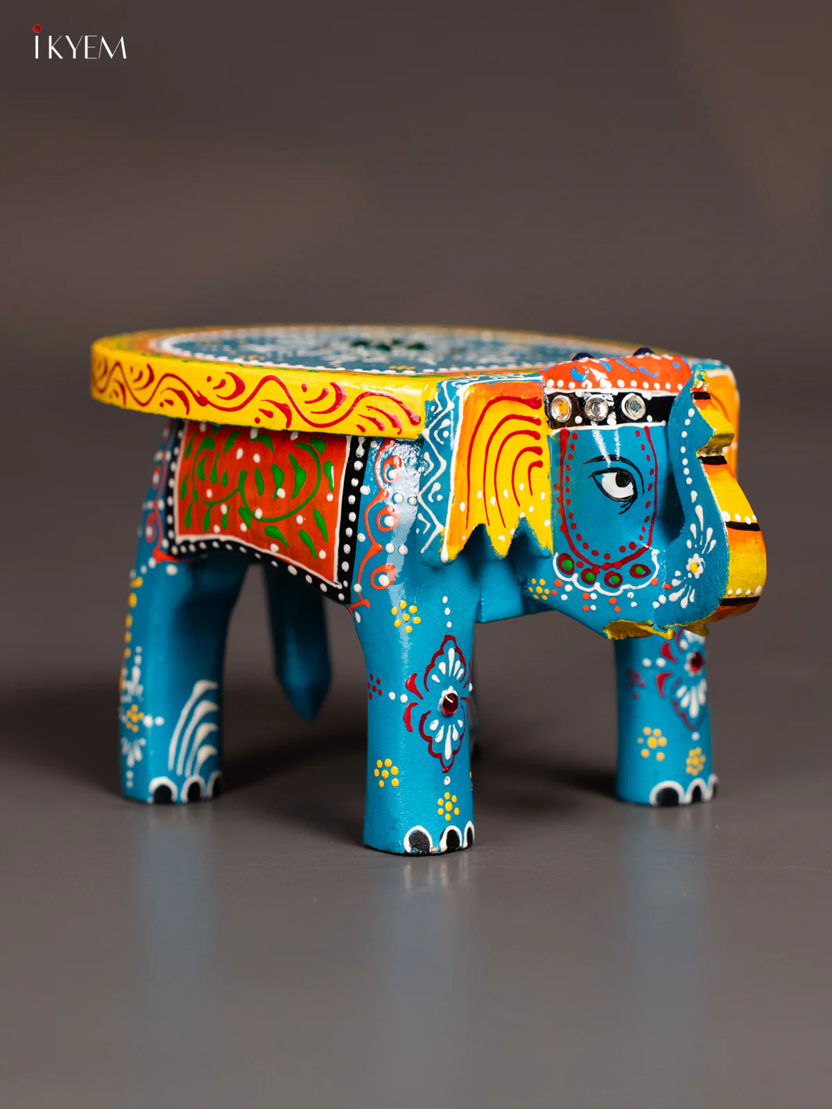Sky Blue Hand-Painted Mini Wooden Elephant stool - 4 inch - KK04111