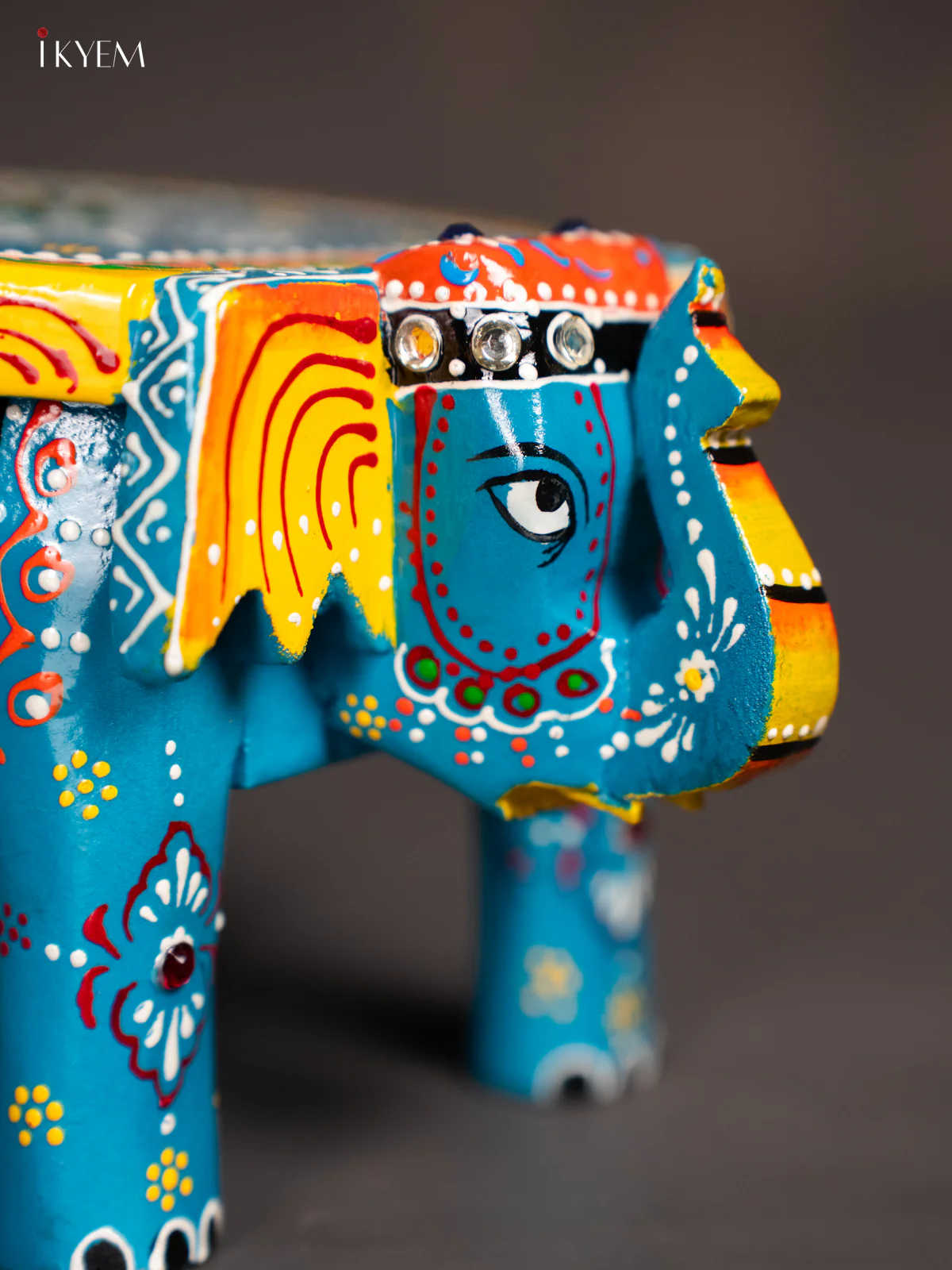 Sky Blue Hand-Painted Mini Wooden Elephant stool - 4 inch - KK04111 - Image 2