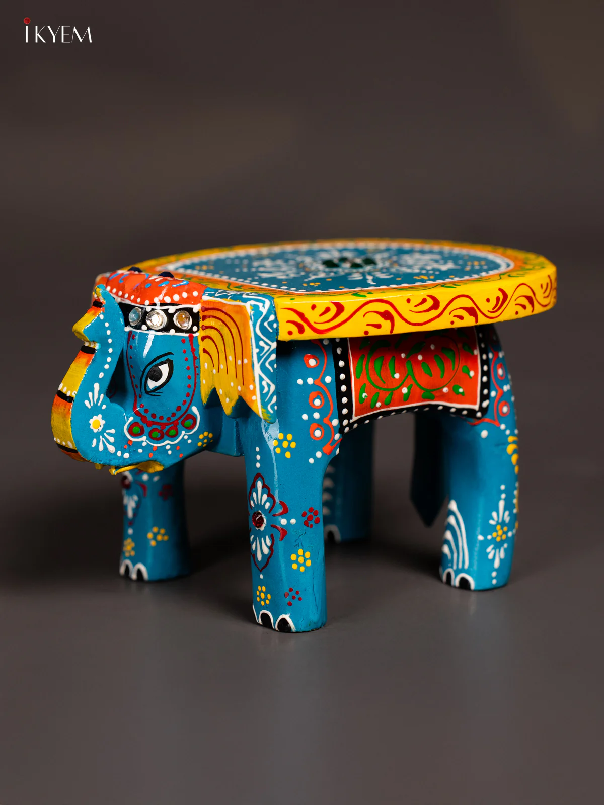Sky Blue Hand-Painted Mini Wooden Elephant stool - 4 inch - KK04111 - Image 3