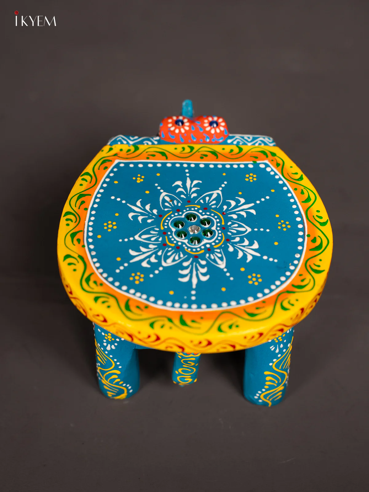 Sky Blue Hand-Painted Mini Wooden Elephant stool - 4 inch - KK04111 - Image 4