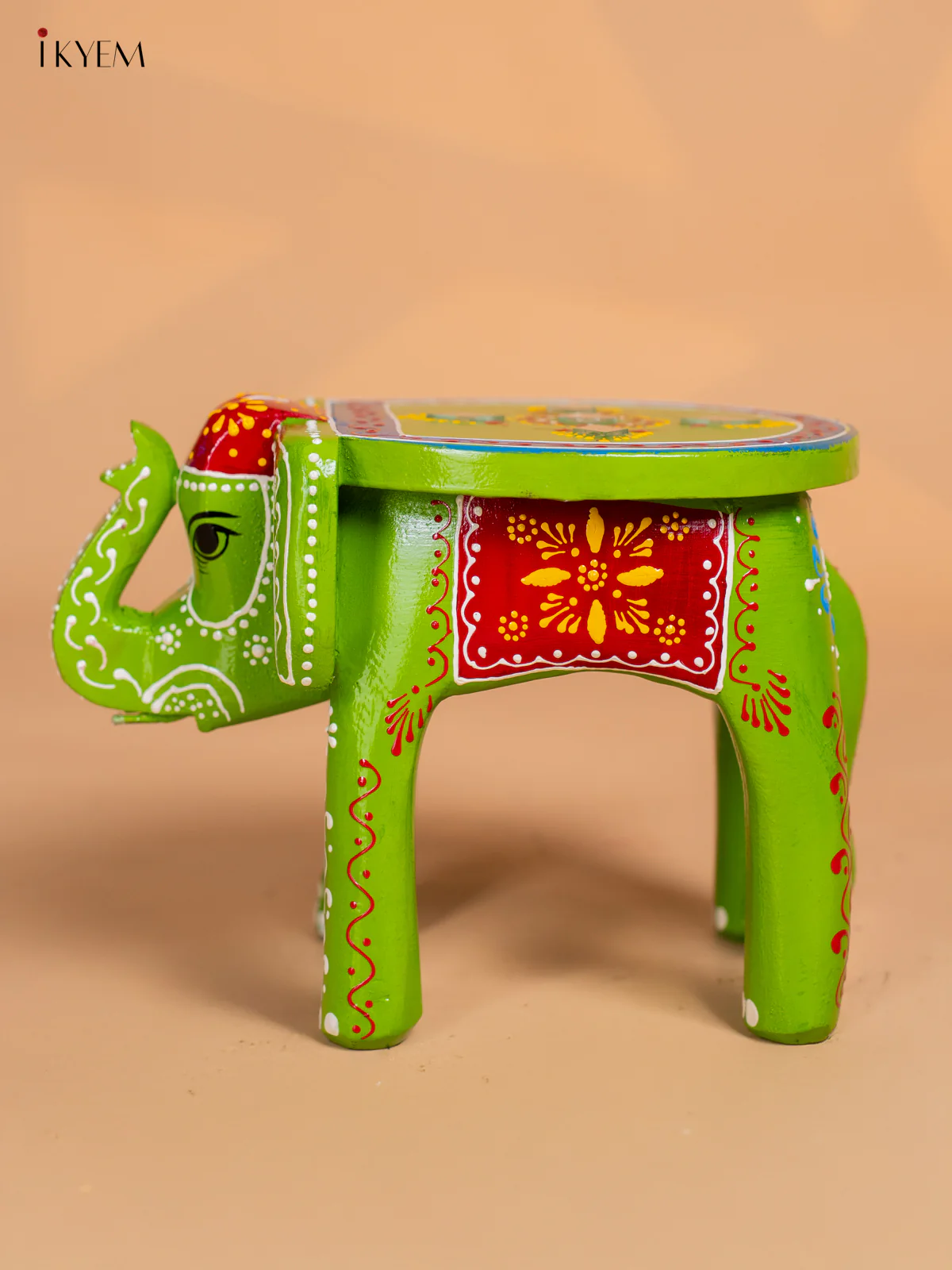 Hand-Painted Wooden Elephant Stool - Green - 6 Inches - KK04112 - Image 3