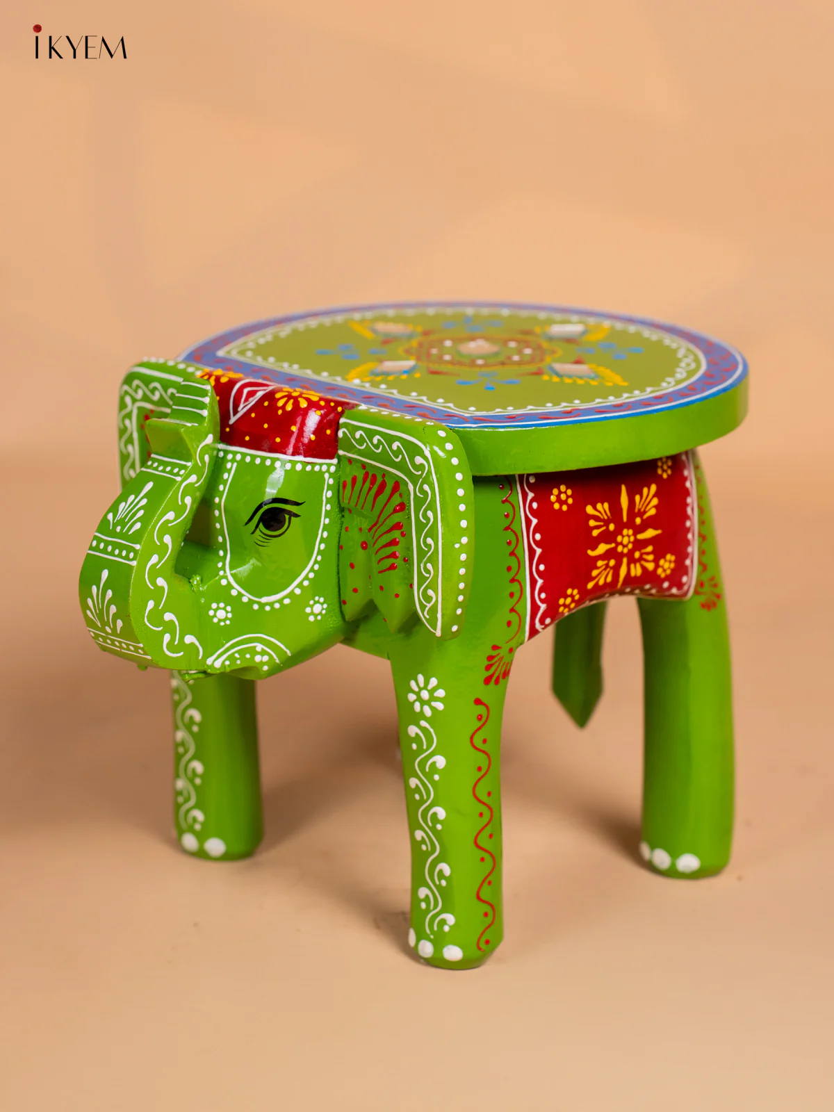 Hand-Painted Wooden Elephant Stool - Green - 8 Inch - KK04115