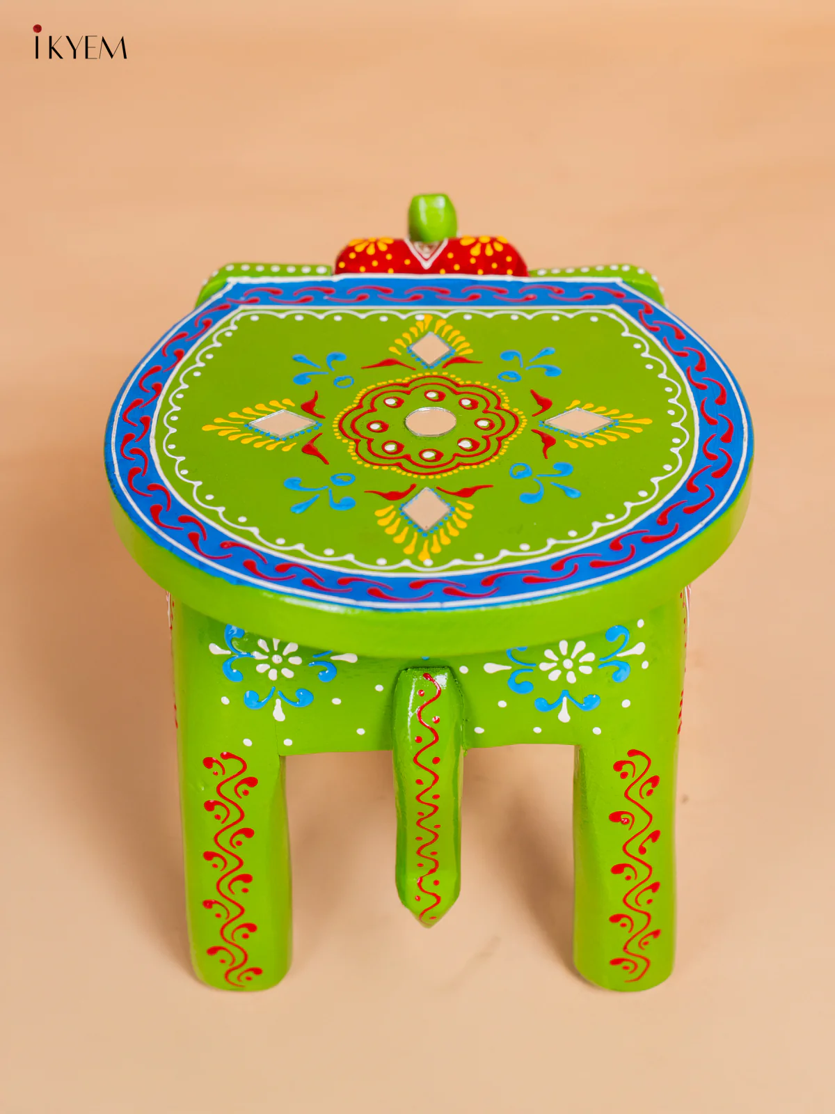 Hand-Painted Wooden Elephant Stool - Green - 8 Inch - KK04115 - Image 4