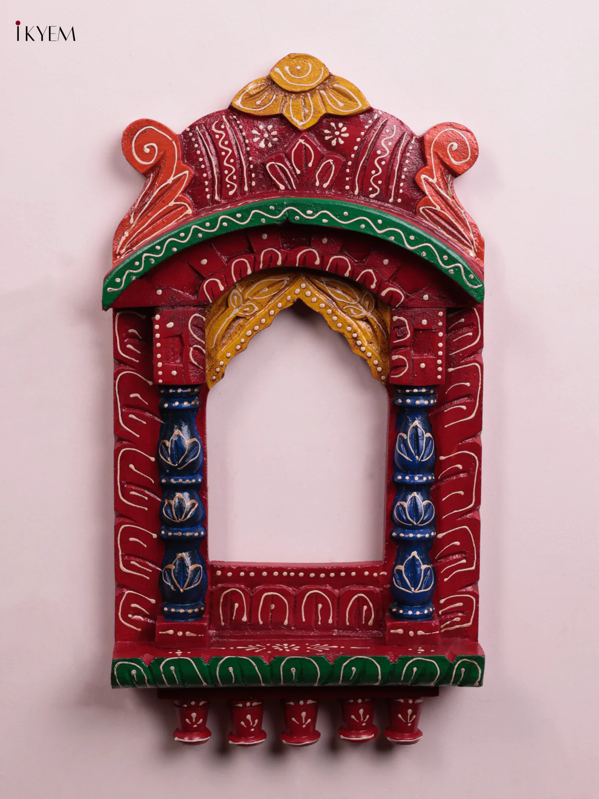 Hand-Painted Wooden Jharokha - Red - 17 Inch - KK05111