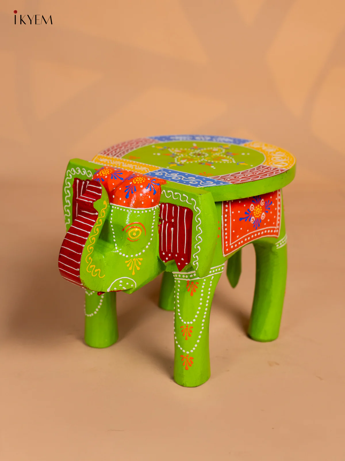 Hand-Painted Wooden Elephant Stool - Green - 8 Inches - KK05123