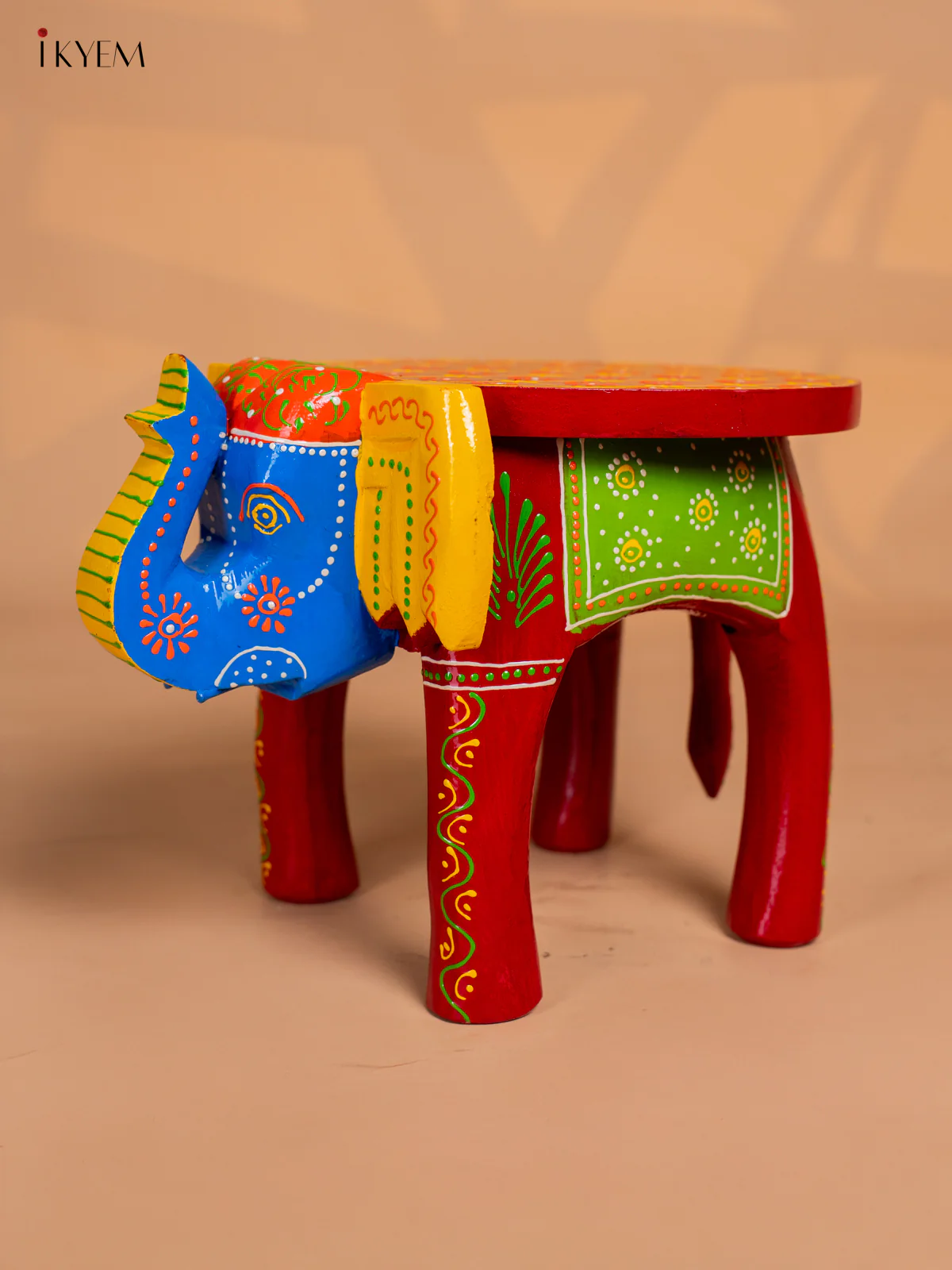 Hand-Painted Wooden Elephant Stool - Red - 8 Inches - KK05125