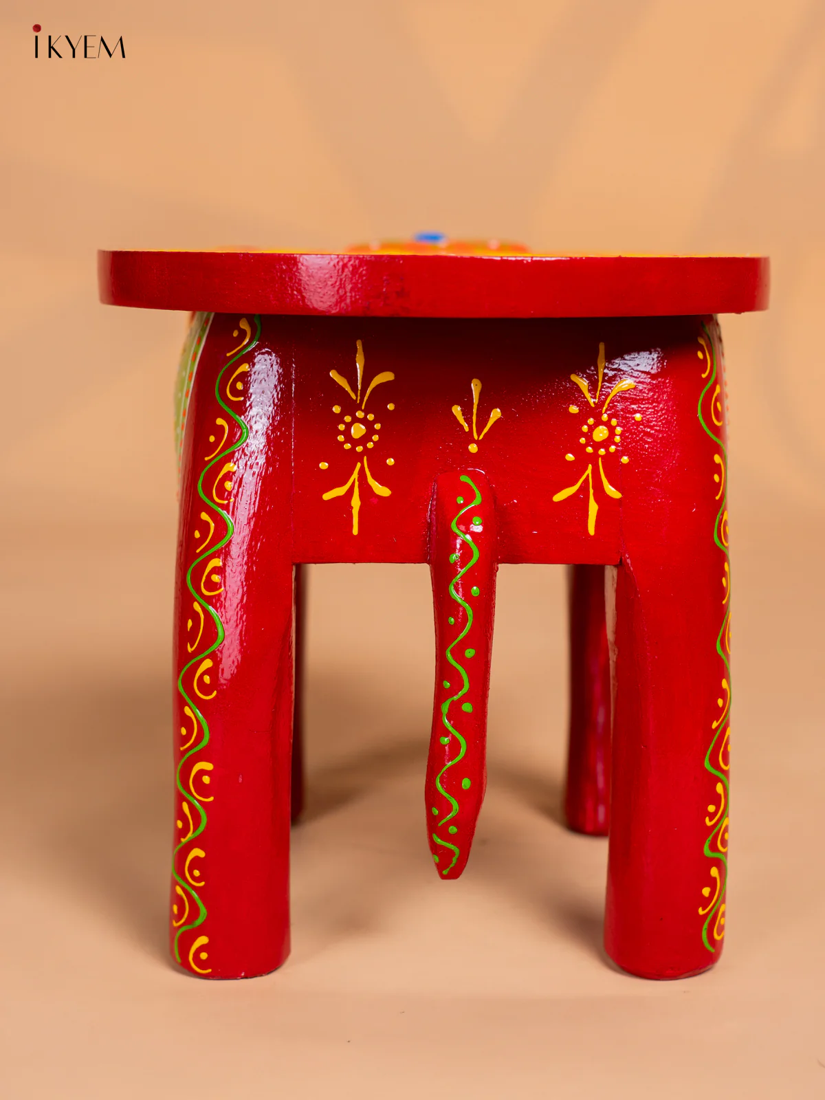Hand-Painted Wooden Elephant Stool - Red - 8 Inches - KK05125 - Image 3